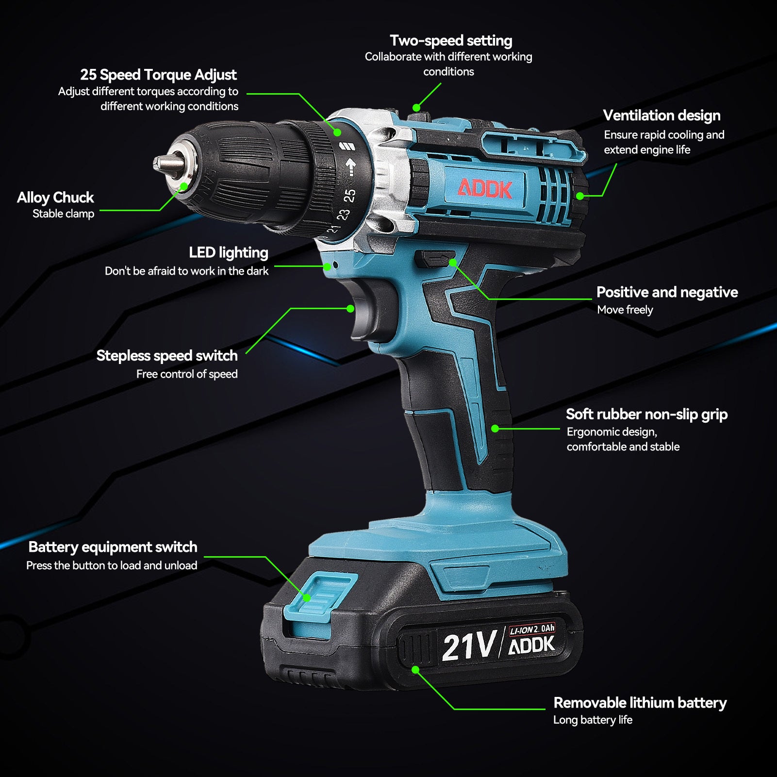 Trapano avvitatore a batteria da 21 V: 2 batterie da 1500 mAh, 3 in 1 (avvitamento, foratura, foratura a percussione), cacciavite - 6
