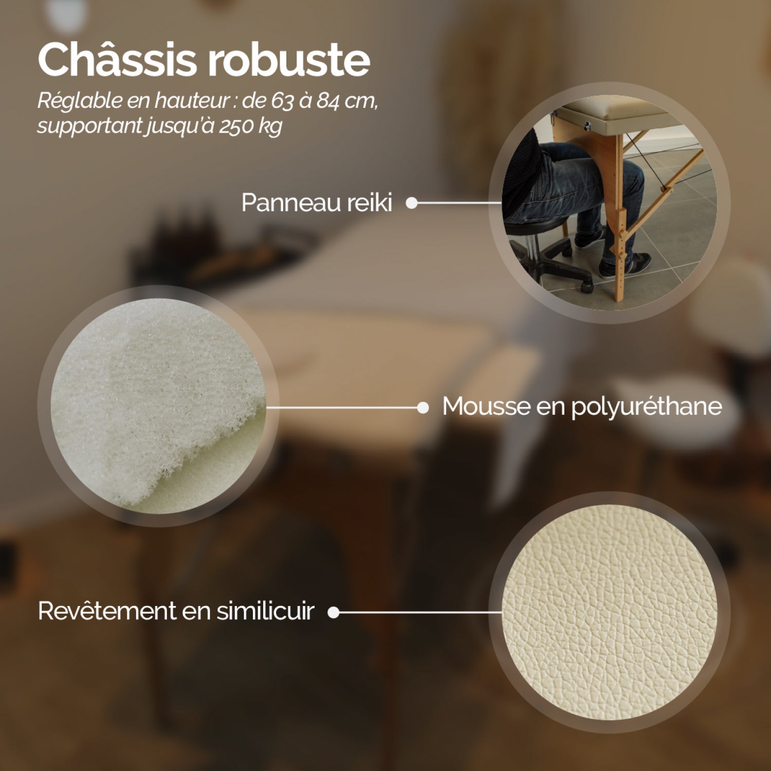 Table de massage pliante 2 zones en bois avec panneau Reiki + Accessoires et housse de transport - Beige - Vivezen - 4