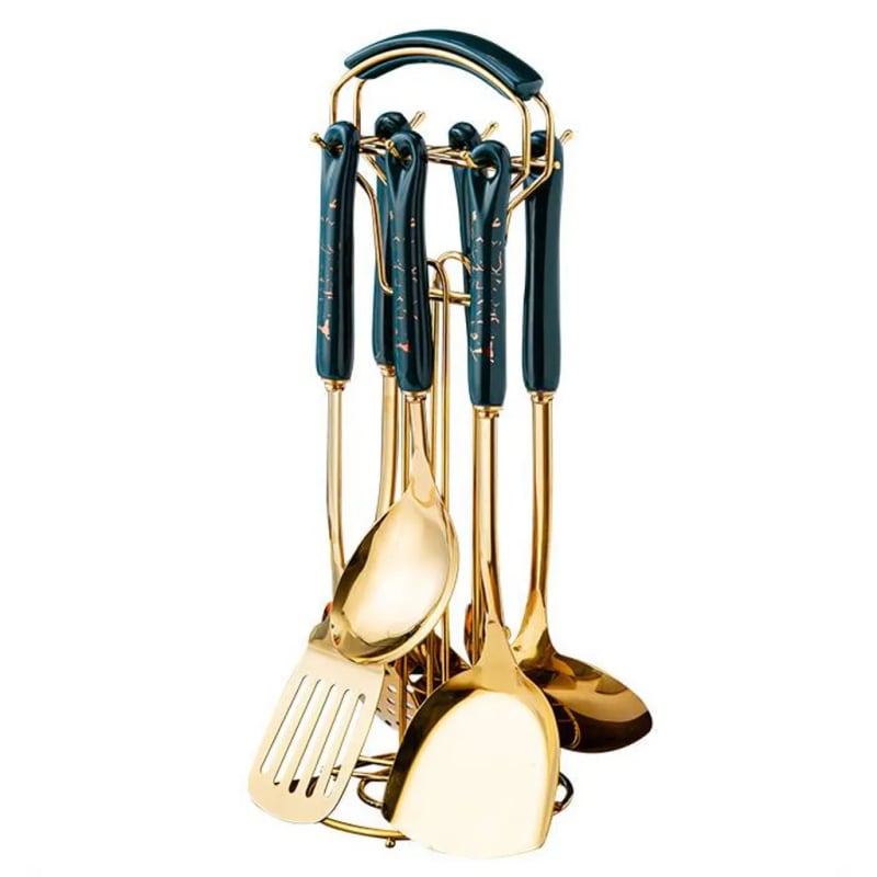 Zestaw 7 zielonych przyborów kuchennych ze stali nierdzewnej z ceramicznymi uchwytami