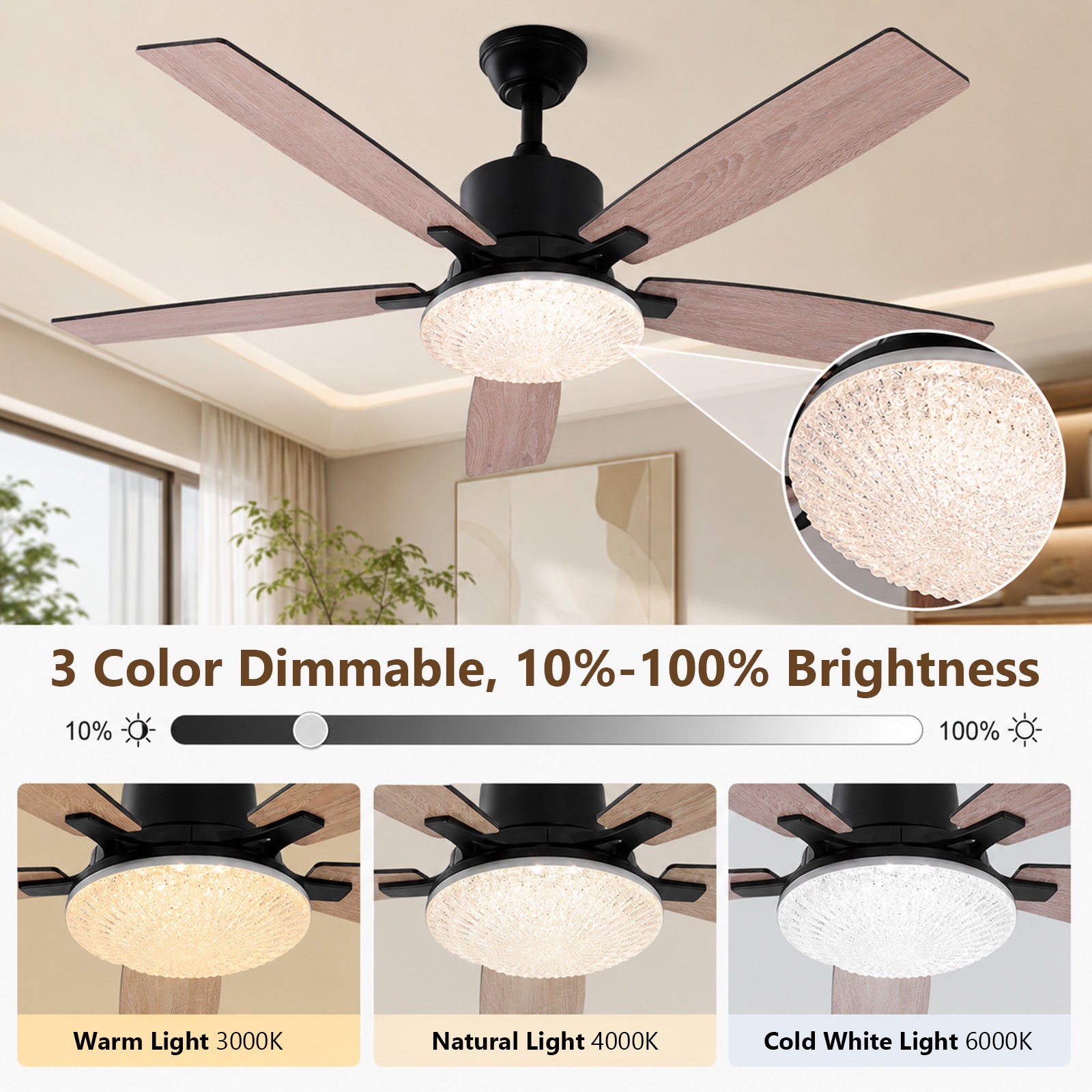 Ventilateur de plafond avec éclairage LED 132 cm 3000K-6500K diffuseur effet cristal pales aspect bois/noir, moteur DC télécommande/appli - 2