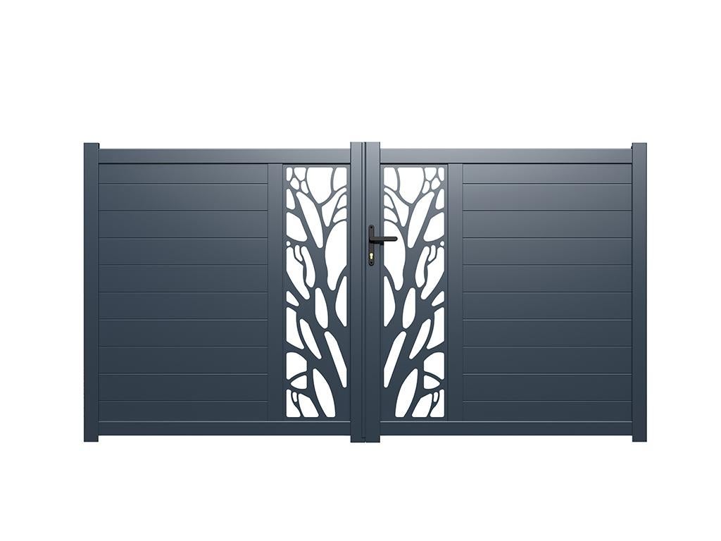 Skrzydłowa, pół-perforowana aluminiowa brama z wzorem Dł.300 x Wys.179 cm w zestawie LABRIT II
