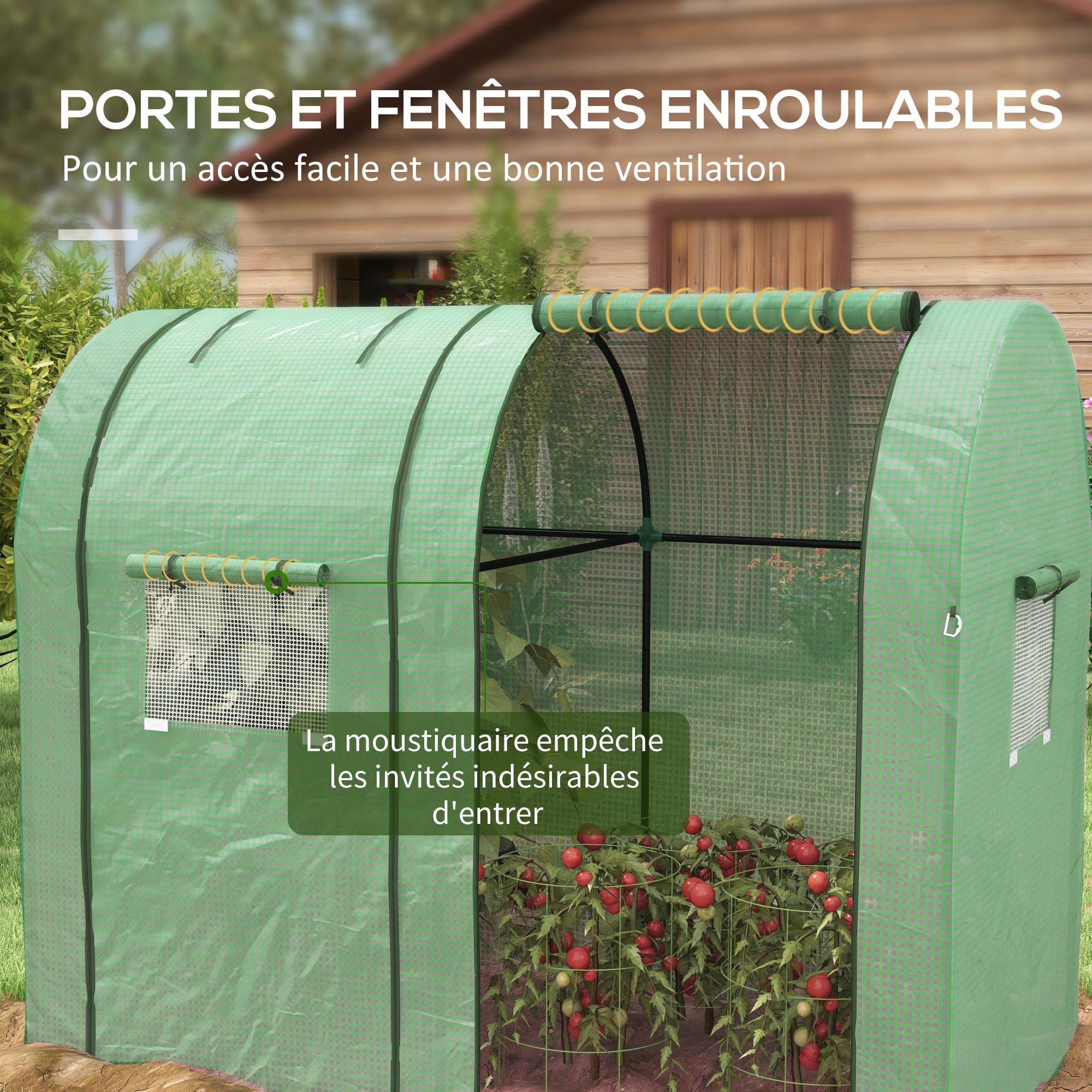 Serre à tomates, serre de jardin avec 2 portes enroulables et 4 fenêtres grillagées, serre portable d'intérieur/extérieur, 185 x 94 x 150 cm, verte - 8