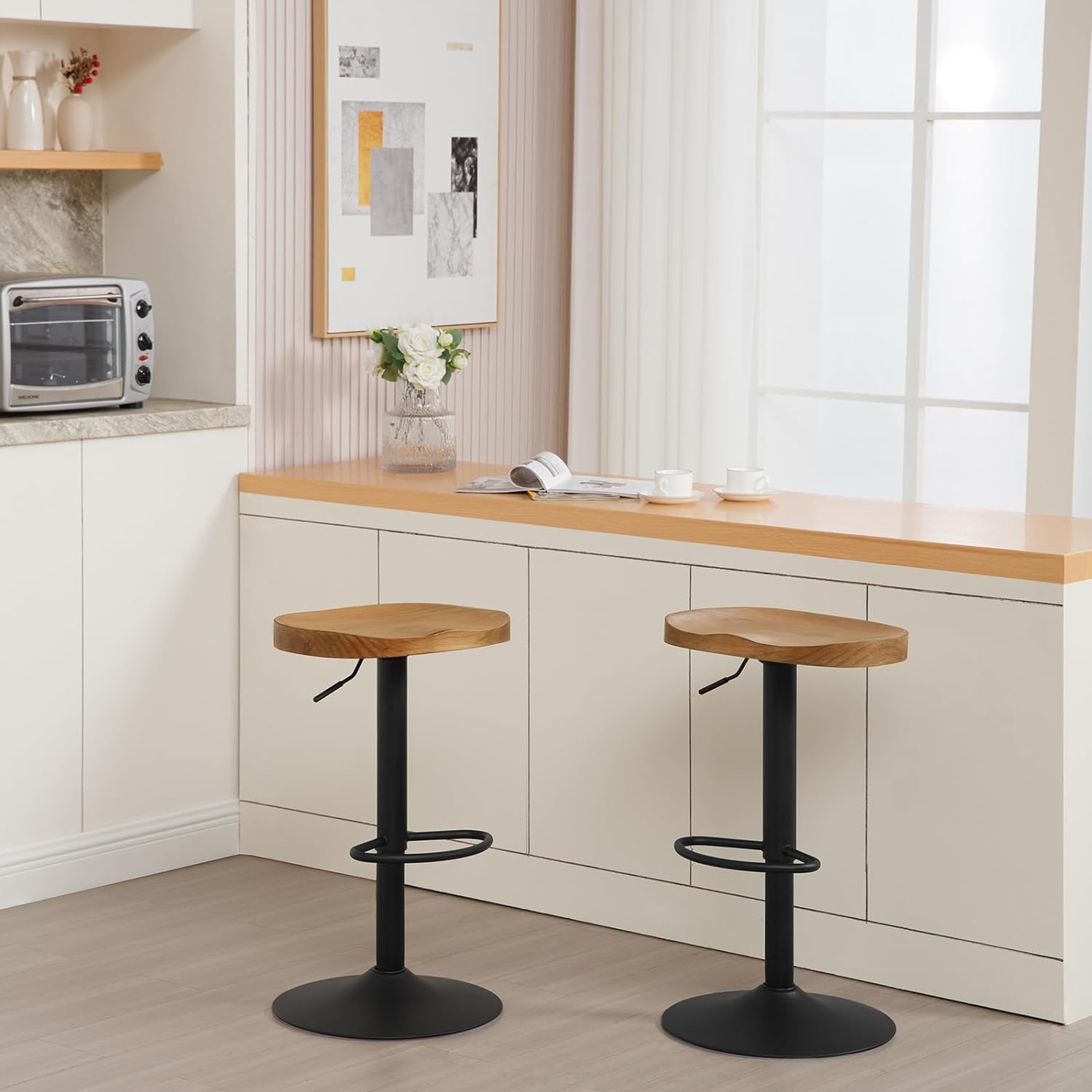 Lot de 2 Tabouret de Bar WOLTU, Chaise de Bar, Tabouret Haut en Bois, Cadre en Métal, Réglable en Hauteur, Pivotant à 360°, Chêne foncé - 2