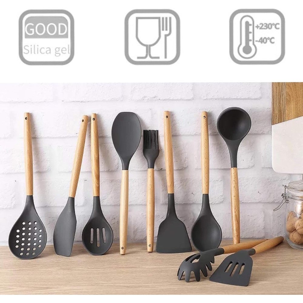 Set de utensilios cocina de silicona 12 piezas juego para cocinar con mango de madera resistentes al calor y Antiadherentes gris - 5