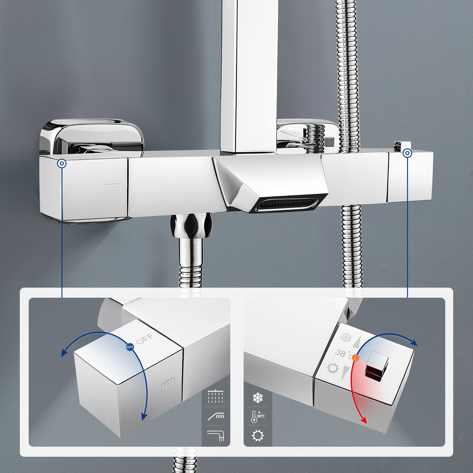 AURALUM MAX Colonne de Douche Thermostatique Chromée,3 Fonctions Kit Douche avec 30 * 20cm Douche de Tête,Pommeau de Douche,Mitigeur Douche Cascade - 2