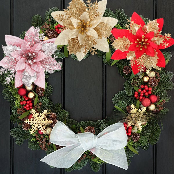 Lot de 10 décorations de Noël, fleurs artificielles scintillantes avec clips, décorations pour sapin de Noël, pendentifs de fleurs artificielles - 7