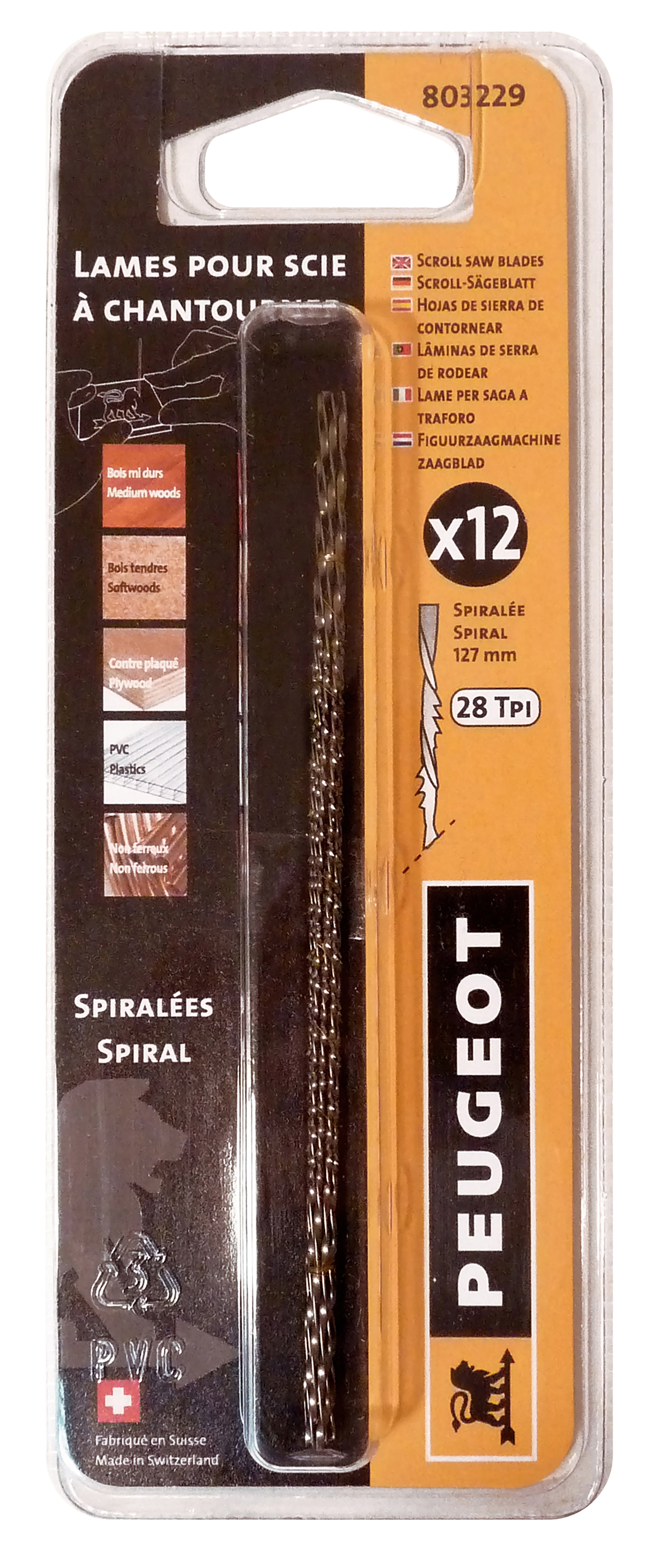 Jeu de 12 lames à chantourner spiralées Ø 1,3mm Diamètre 1,3 MM, Longueur 127 MM, Nombre de dents 28 TPI , - 4