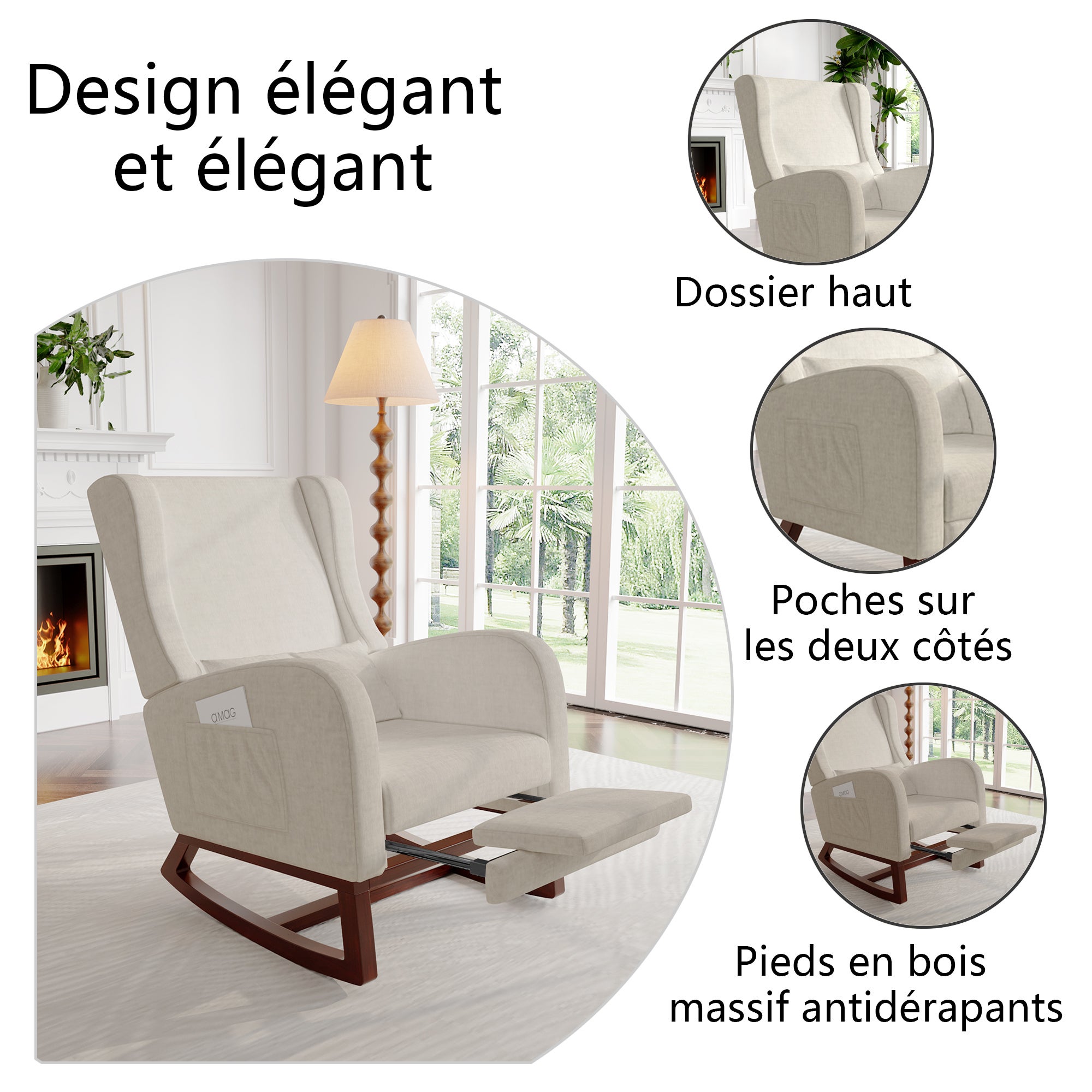 Fauteuil à Bascule avec Repose-Pieds, Chaise a Bascule Allaitement Rocking Chair intérieur extérieur Fauteuil allaitement avec Pocheen Bois, Beige - 4
