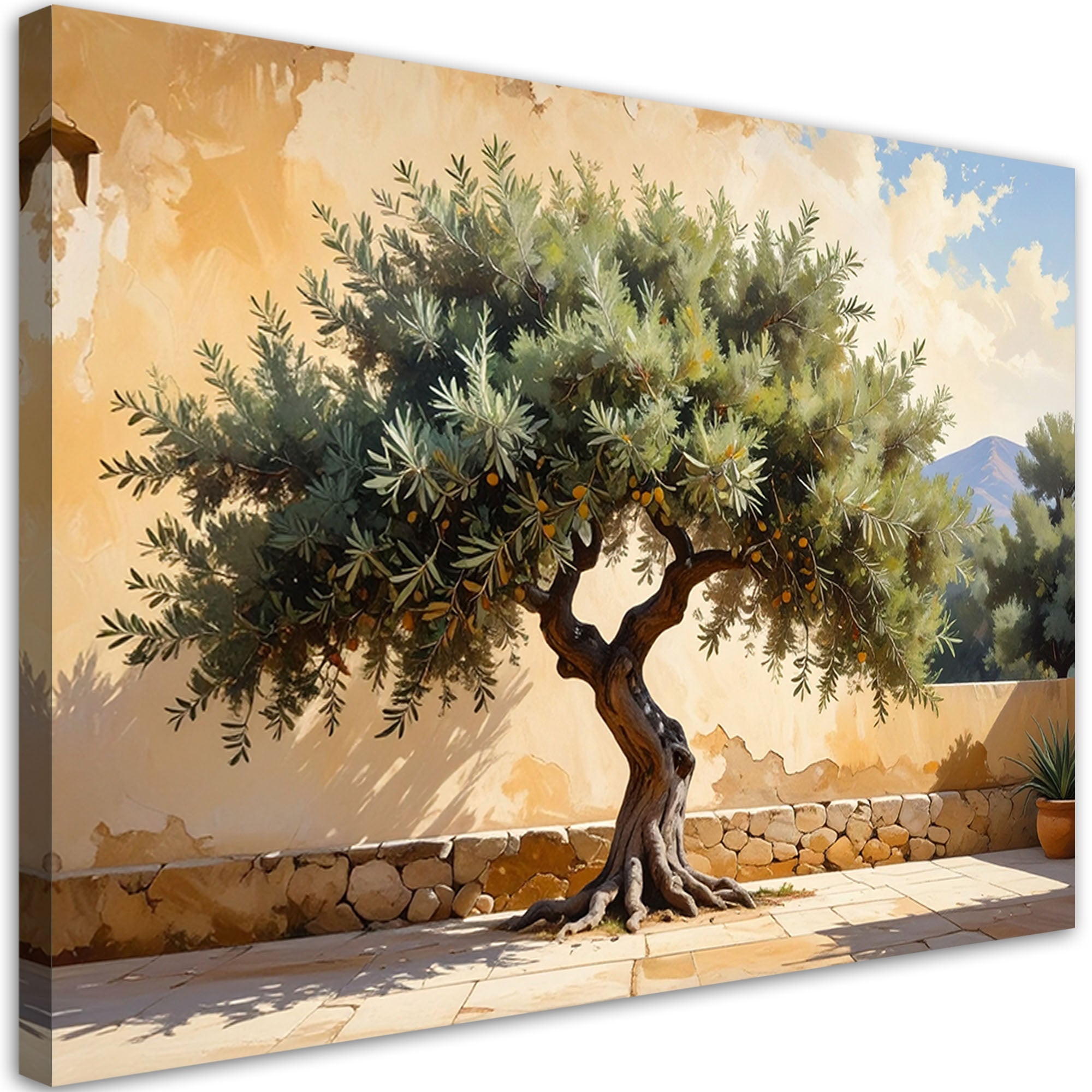 Obraz do salonu sypialni biura, Drzewko oliwne na tle muru w beżu 60x40