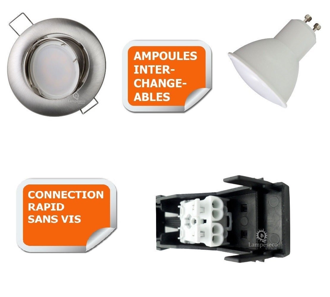 10 Spots led 3-step dimmable sans variateur 7w eq.56w blanc chaud orientable finition alu brossé - 2