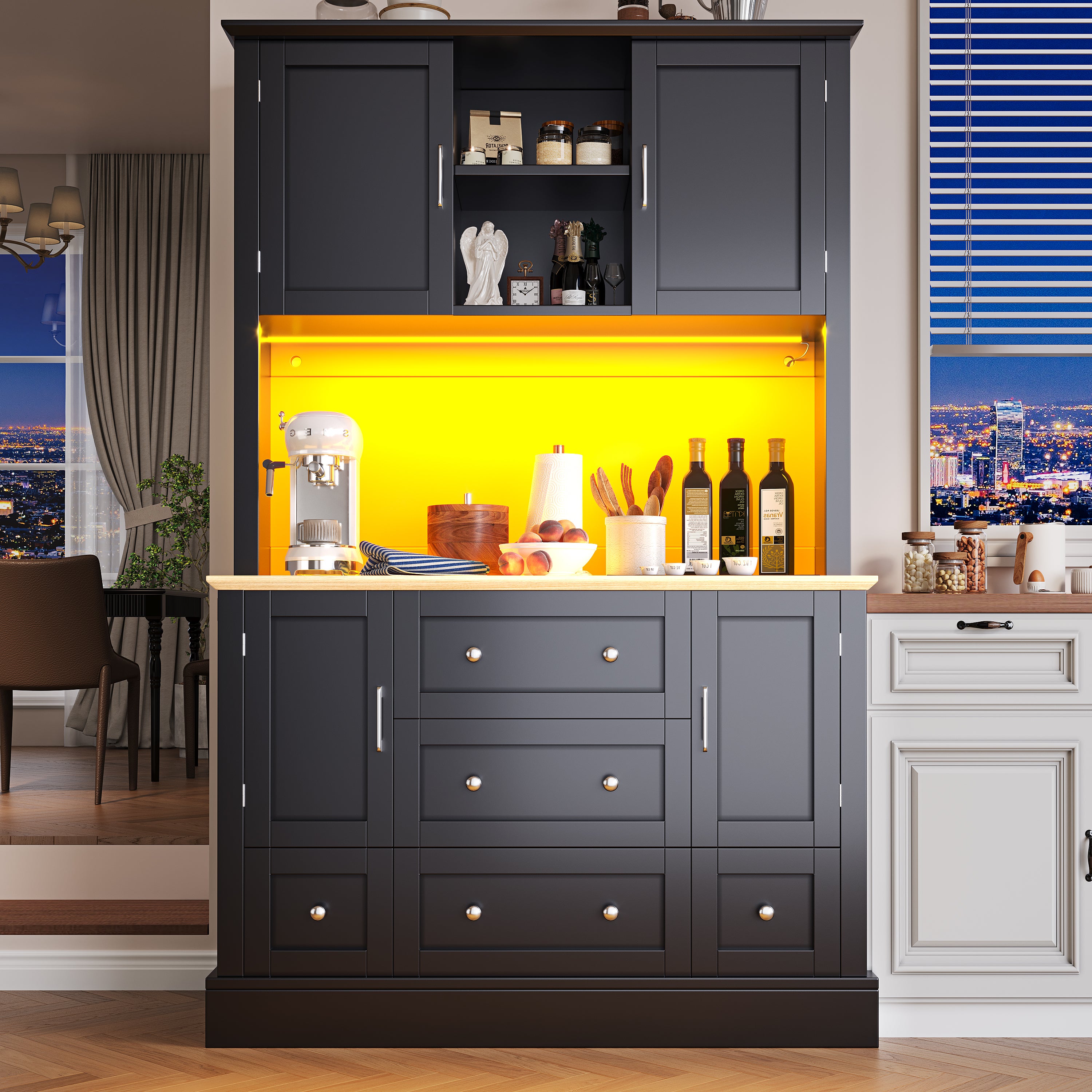 Buffet de cuisine avec 4 portes et 3 tiroirs - 115 x 40 x 180 cm - LEDs - MDF - Noir + naturel - 8