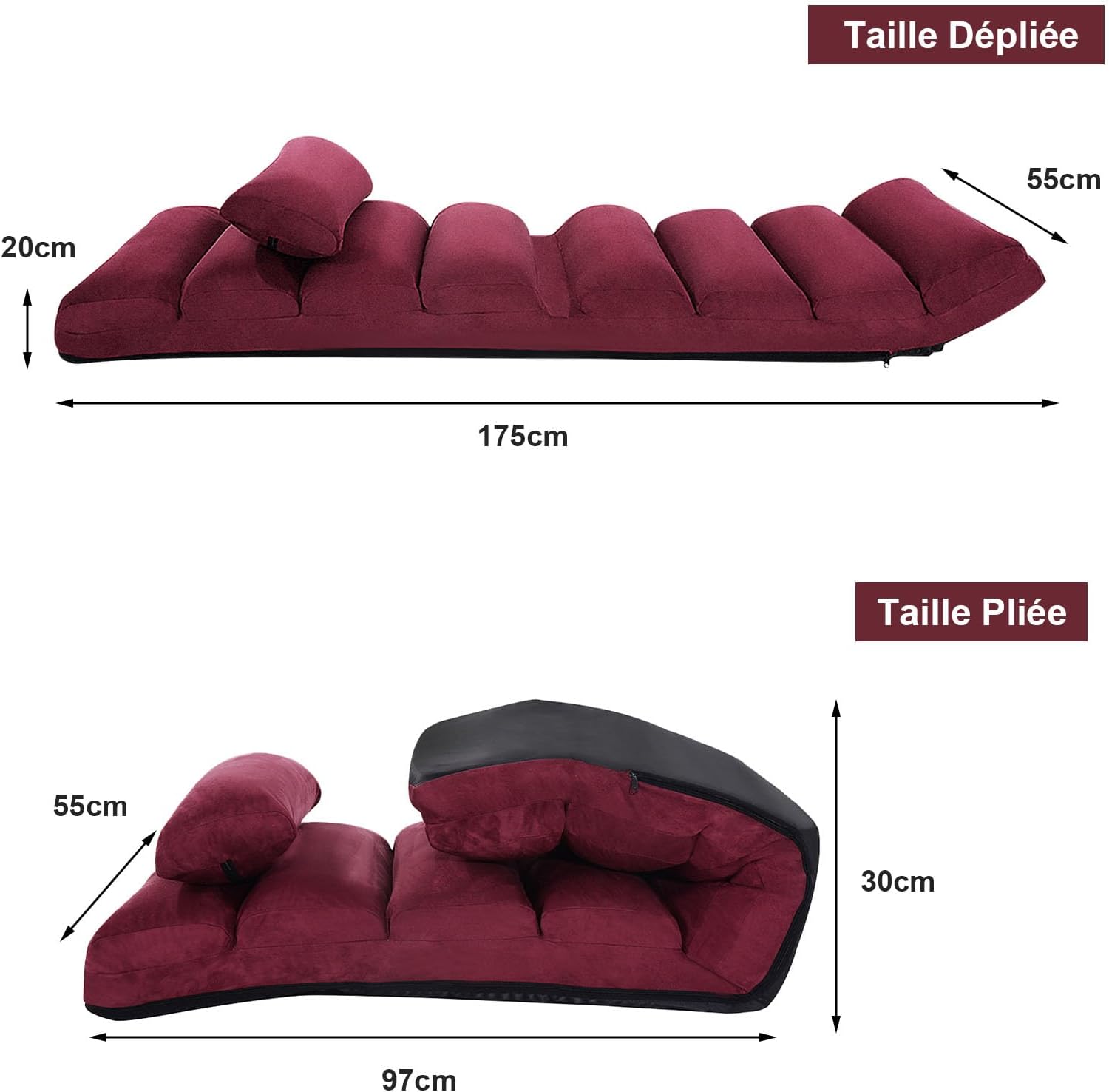 Fauteuil de Sol avec Dossier Inclinable Réglable sur 5 Niveaux,avec Cadre en Fer et Coussin Chaise, pour Salon/Chambre 175x55x20CM (Rouge) - 2