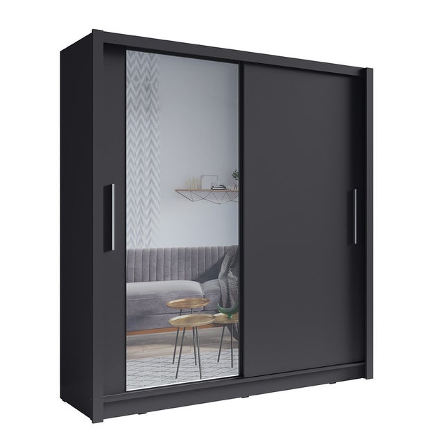 Armoire 2 portes coulissantes avec miroir - 205 cm - gris graphite - collection OZZULA