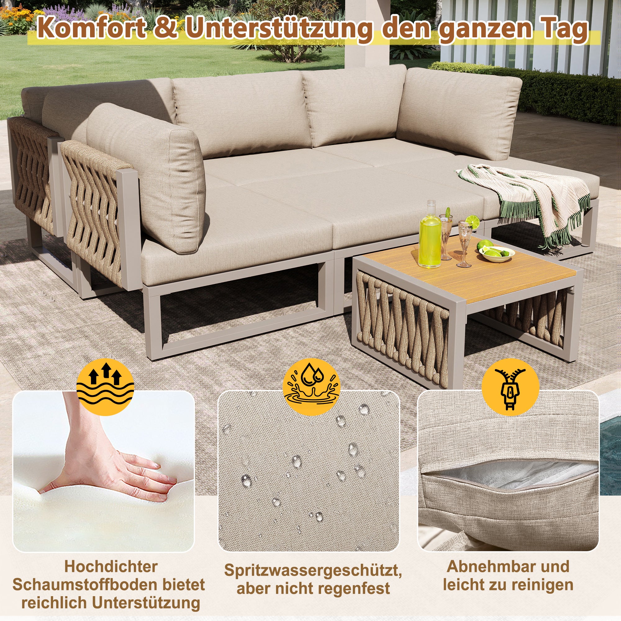 Conjunto de muebles de jardín exterior, silla de jardín para 6 plazas, cama doble de exterior, respaldo regulable, tumbona de piscina - Beige - 6