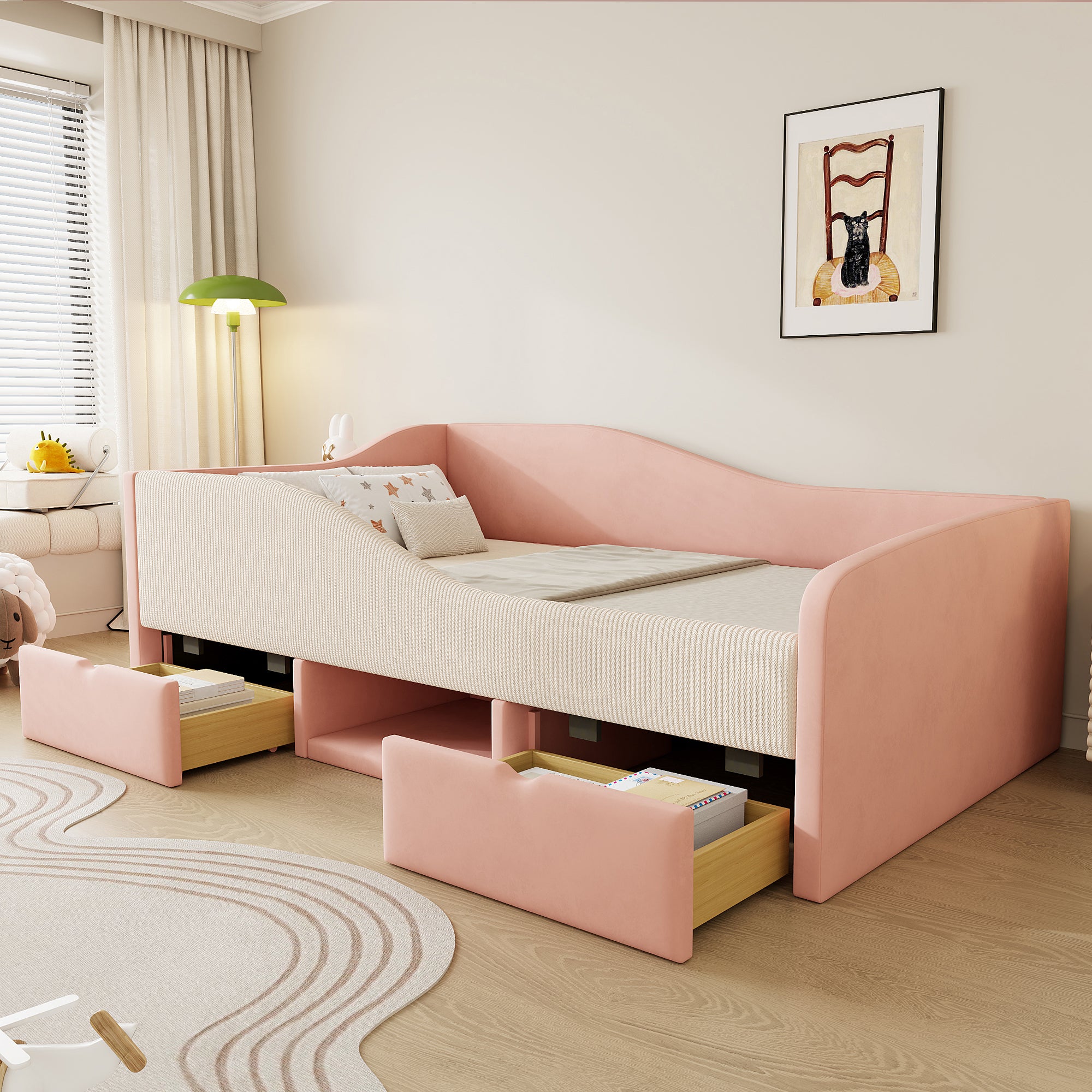 Sofabett multifunkcyjne 90x190cm - rosa+biało kremowe, samt, z szufladami i barierami