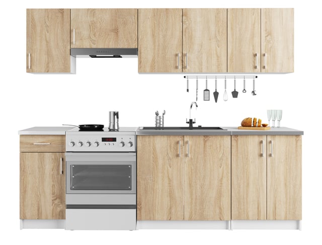 Ensemble De Cuisine AKORD LIMA 2.4m Blanc 240 cm 11 portes 1 tiroir façade Chêne Sonoma 240x44,5x203 cm