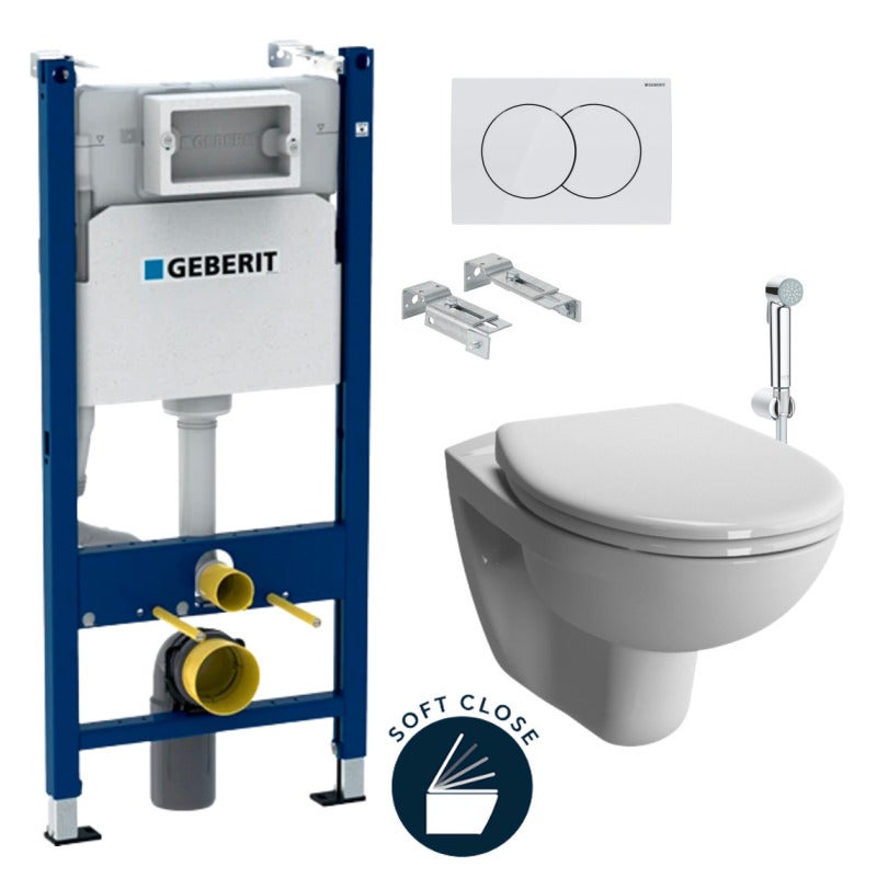 Pack WC Bati support Geberit Duofix WC suspendu Vitra Normus Abattant softclose Douchette bidet Plaque blanche Leroy Merlin