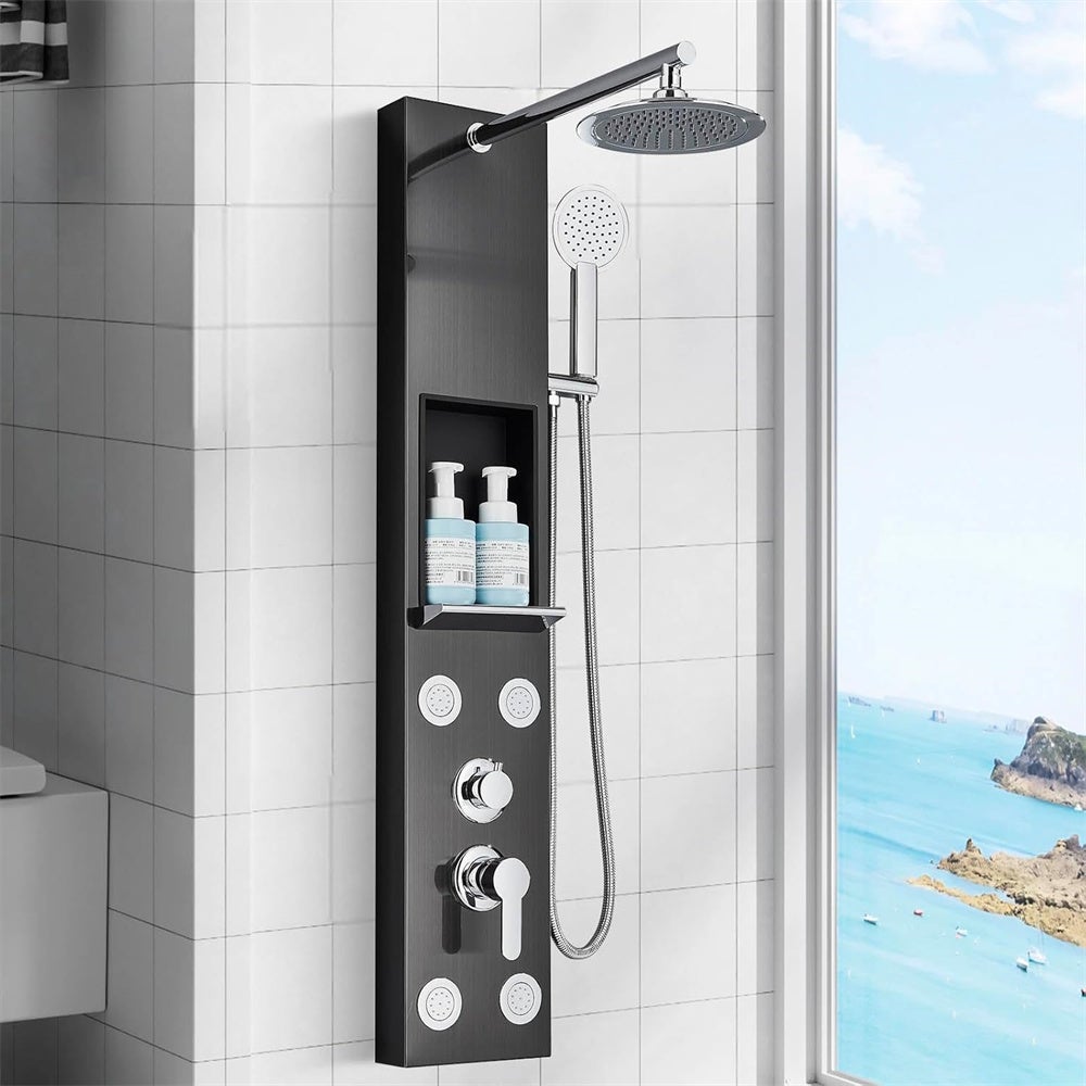 Ensemble de mitigeur thermostatique de douche, panneau de douche noir avec étagère de rangement et pomme de douche,robinet mitigeur à deux poignées - 5