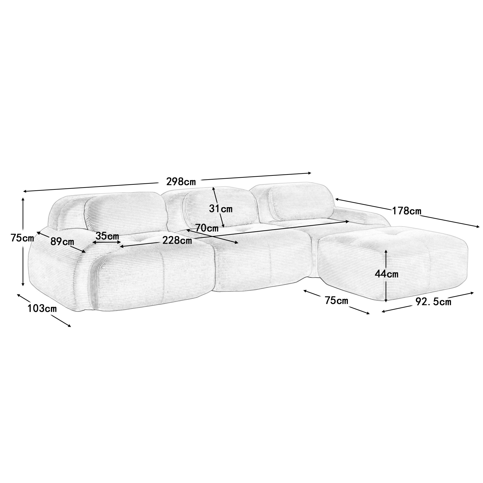Canapé d\'angle modulable 3 places, antidérapant et adapté aux animaux, pieds élargis–tissu velours côtelé respirant-noir - 7