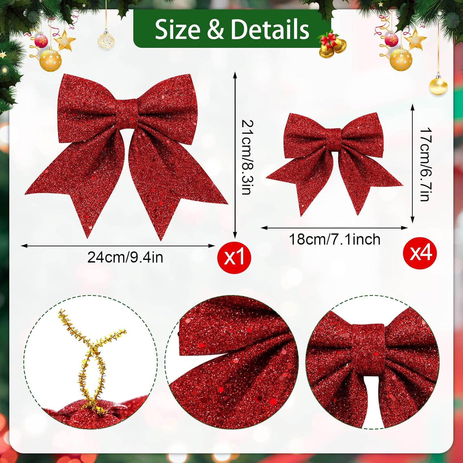 Fiocchi Di Natale Glitterati ALLY-MAGIC: 10 Pezzi Rossi 15 Cm Con Paillettes Per Albero E Regali