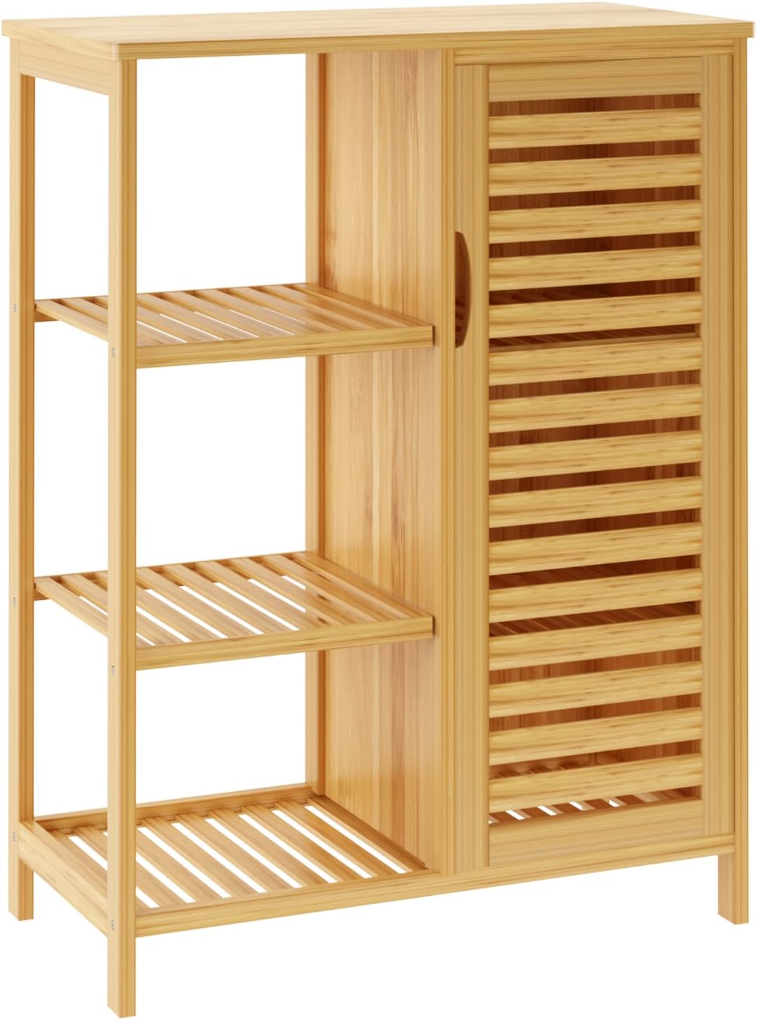 Mueble de baño, mueble auxiliar con 4 estantes y armario con puerta corredera.
