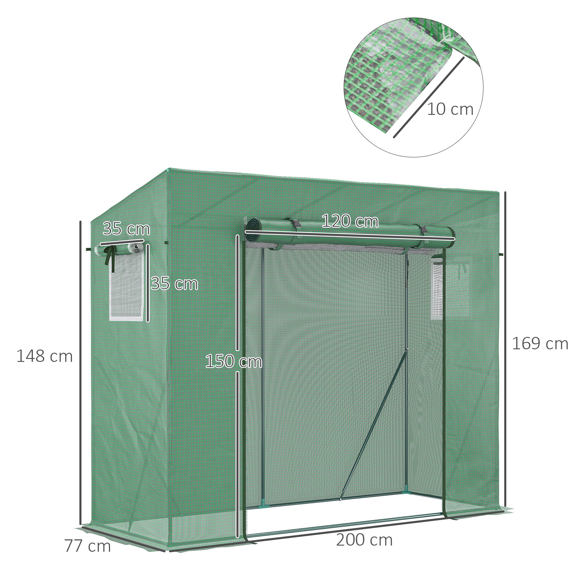 Serre de Jardin Anti-UV 2 fenêtres moustiquaires + Barres renforcement 200L x 77l x 169H cm Acier PE Vert - 5