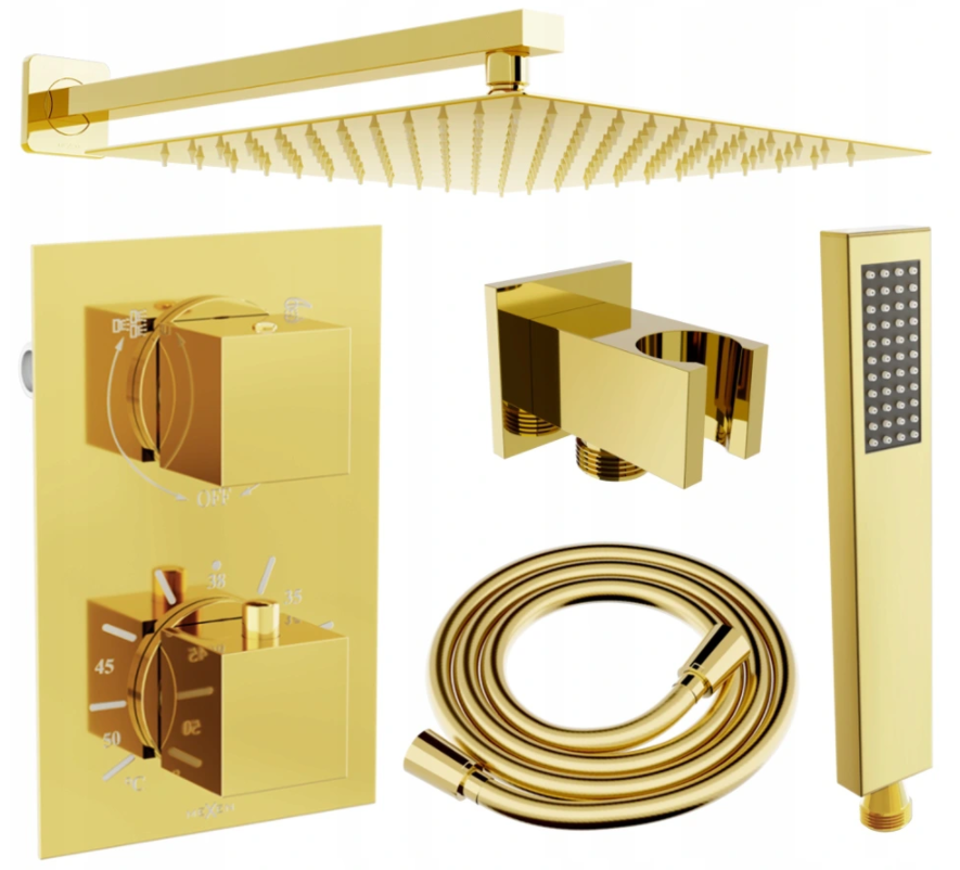 Mexen Cube DR02 zestaw prysznicowy podtynkowy z deszczownica 30 cm, złoty - 77502DR0230-50
