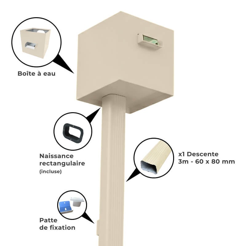 Kit évacuation eaux pluviales aluminium 60×80 mm – boîte à eau + descente 3 m – fixation incluse – maison plain-pied – ton pierre - 2