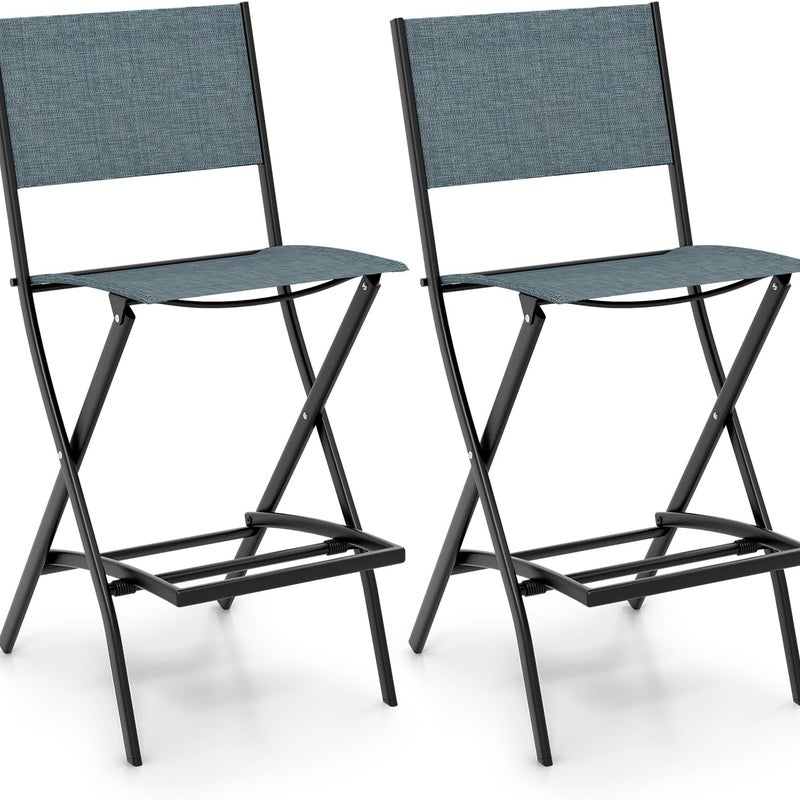 Zestaw 2 Składanych Krzeseł Ogrodowych, Krzeseł Tarasowych z Oparciem, Dostosowanym Podnóżkiem, 46 x 57 x 102 cm, Nośność 150 kg, Kawowy (Niebieski)