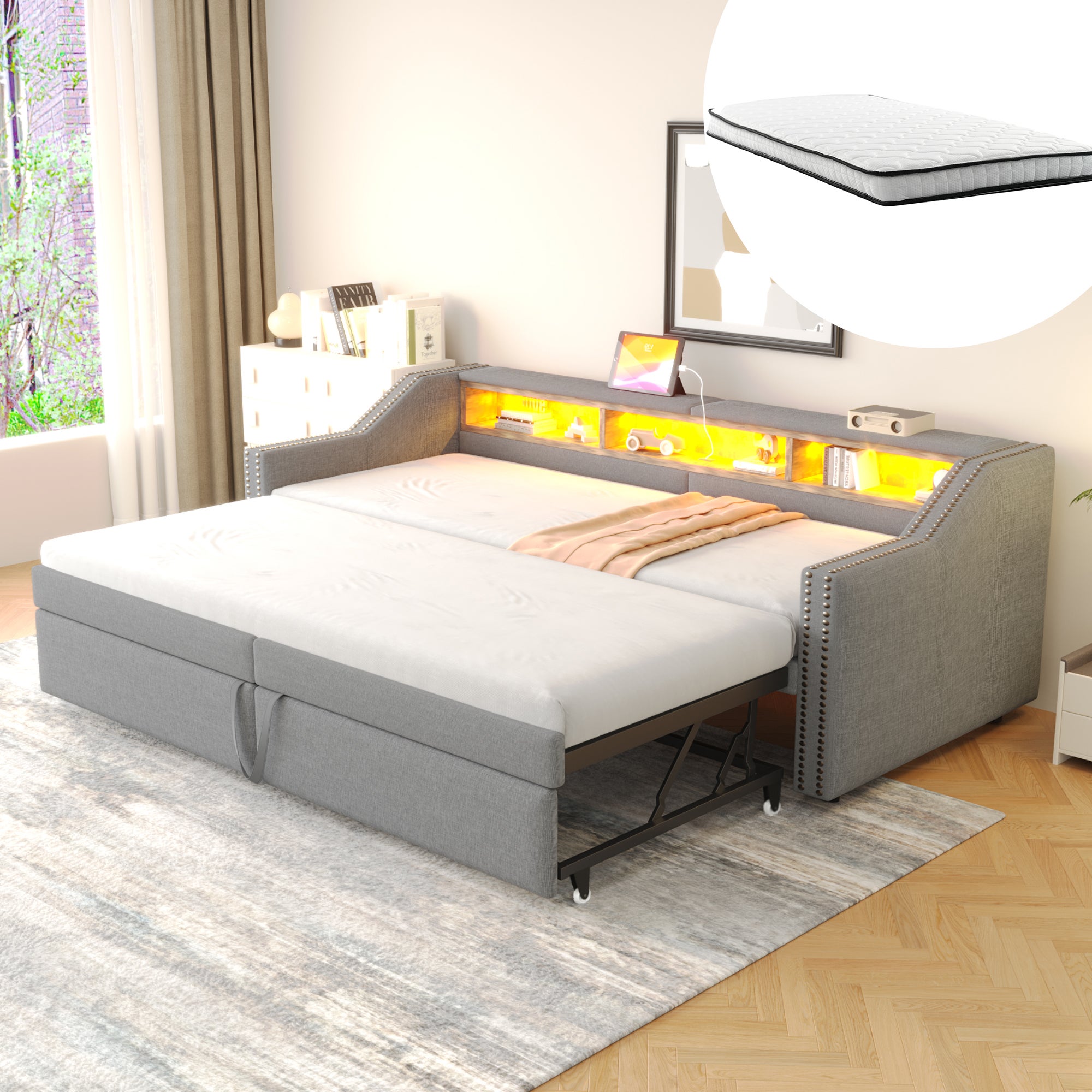 Tapicerowane Łóżko Rozkładane 90/180x200 cm, Sofa Z Funkcją Spania z Wielofunkcyjnym Schowkiem, Oświetleniem LED i Portem USB, Jasnoszare
