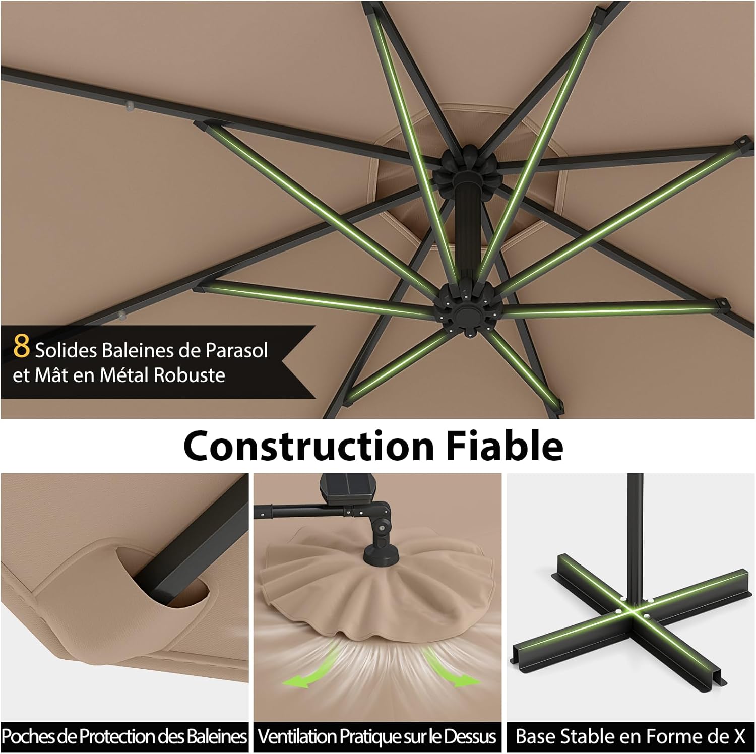 Parasol Déporté 3M avec 32 LED Solaires, Parasol de Jardin 8 Baleines avec Tissu Protection Solaire, Parasol Inclinable Rotatif à 360° (Brun) - 3