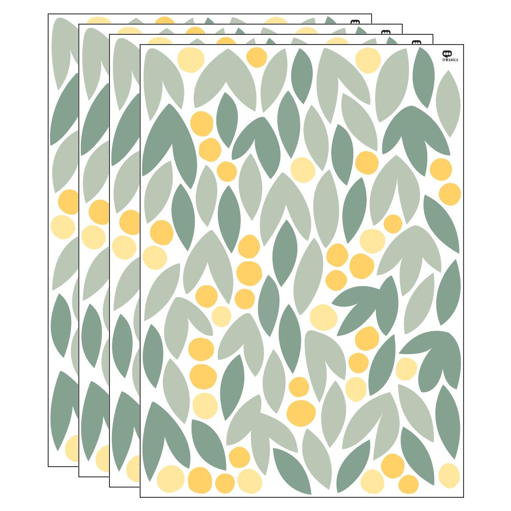 Adhesivo decorativo hojas margarita verde y amarillo 4 laminas = 488 piezas