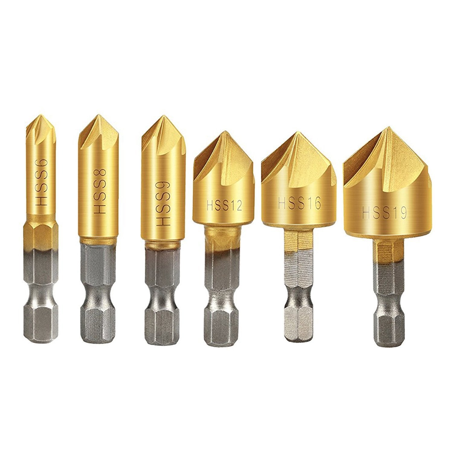 Frez trzpieniowy 6 szt., Frez stożkowy 90° HSS, Frez do fazowania z węglika spiekanego, 6 mm, 8 mm, 9 mm, 12 mm, 16 mm, 19 mm