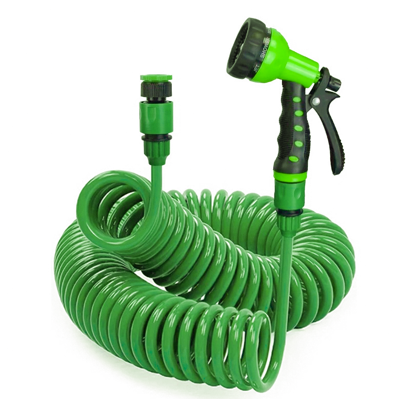 Rozciągliwy wąż ogrodowy spiralny, elastyczny wąż ogrodowy EVA o długości 15 m z adapterem 3/4" i 1/2" oraz pistoletem wielofunkcyjnym