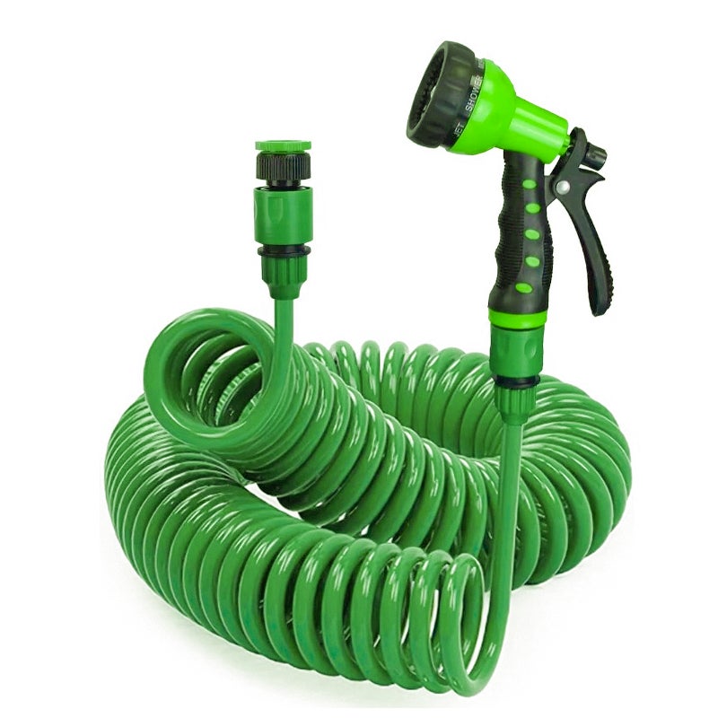 Rozciągliwy wąż ogrodowy spiralny, elastyczny wąż ogrodowy EVA o długości 15 m z adapterem 3/4" i 1/2" oraz pistoletem wielofunkcyjnym