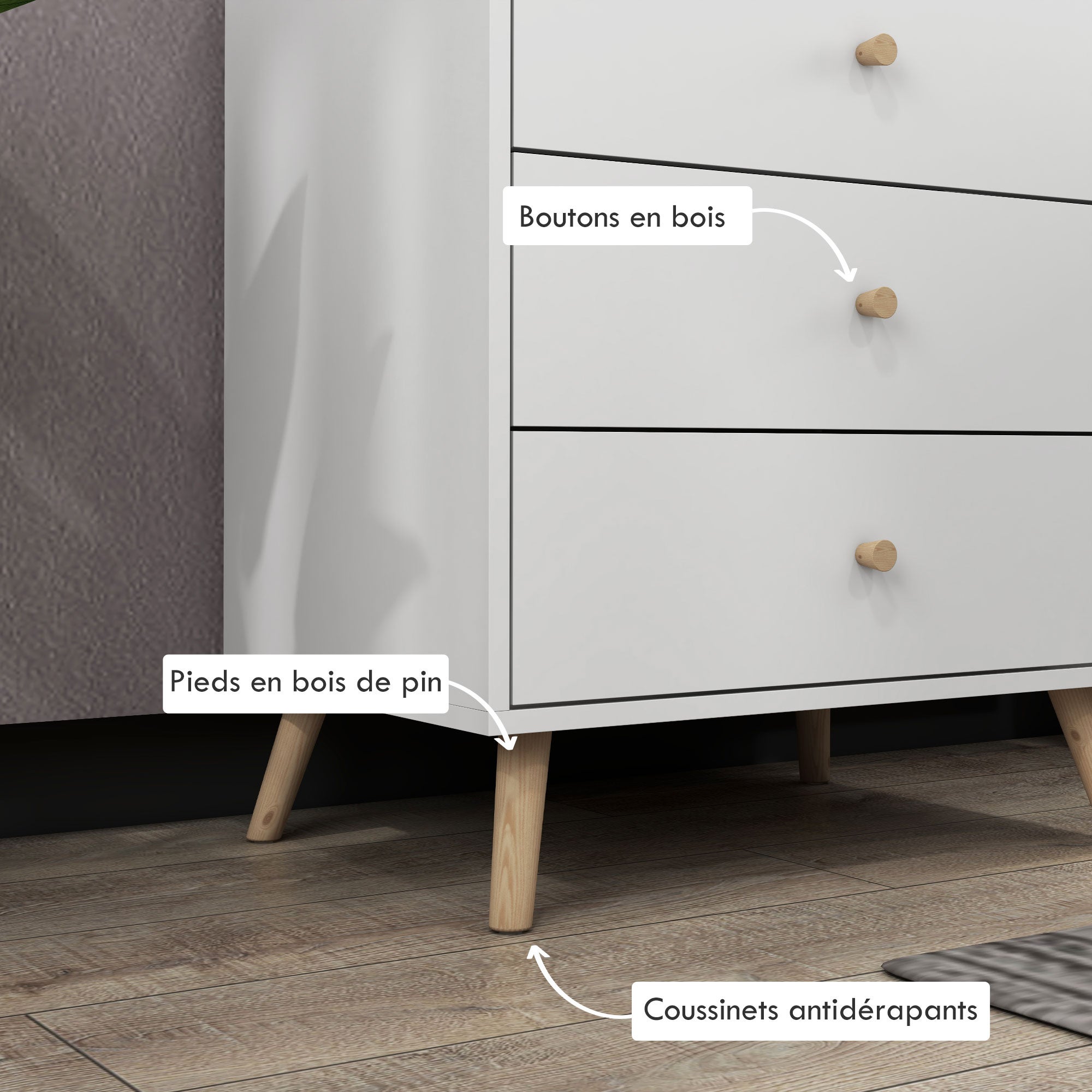 Commode 3 tiroirs Design scandinave Meuble de Rangement Chambre MDF Blanc poignée piètement effilé Bois Massif de pin - 7