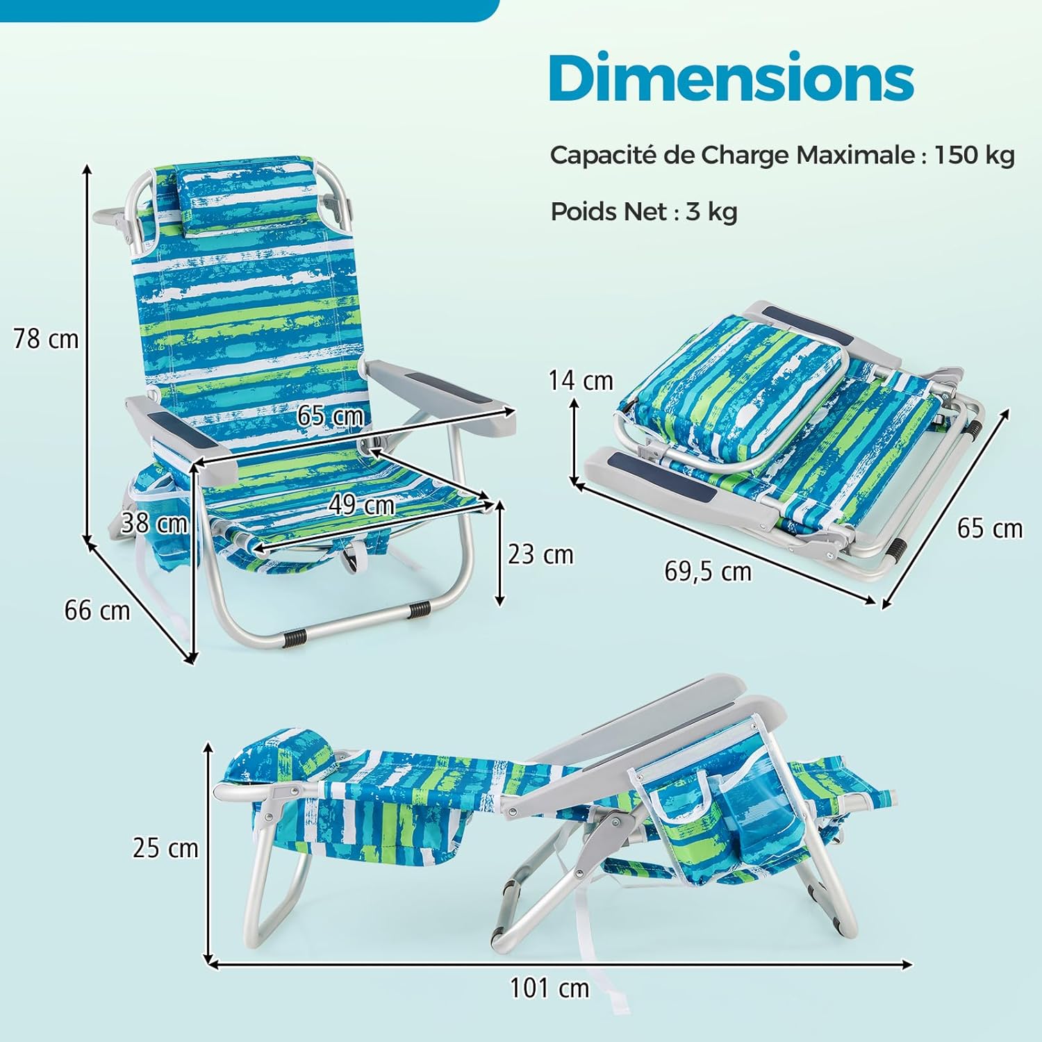 Chaise Plage Pliant pour Adulte, Camping Légère Portable en Alu., Dossier Réglable 5 Positions,Sac Rangement, Porte-Serviettes,à Plat,Charge 150KG - 3