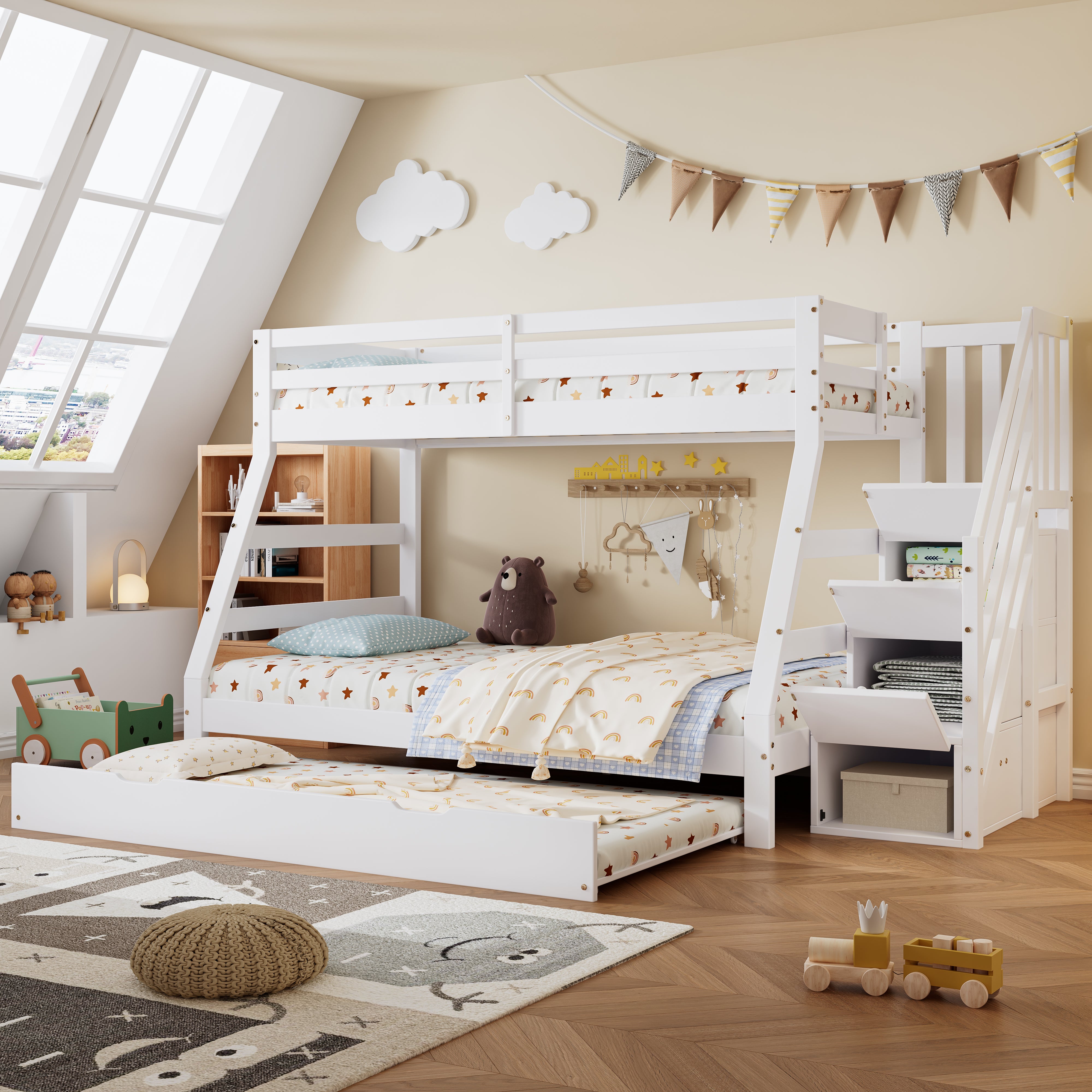 Letto a castello 90/120x200CM con letto estraibile, letto per bambini con scaletta, armadio e corrimano, bianco - 2