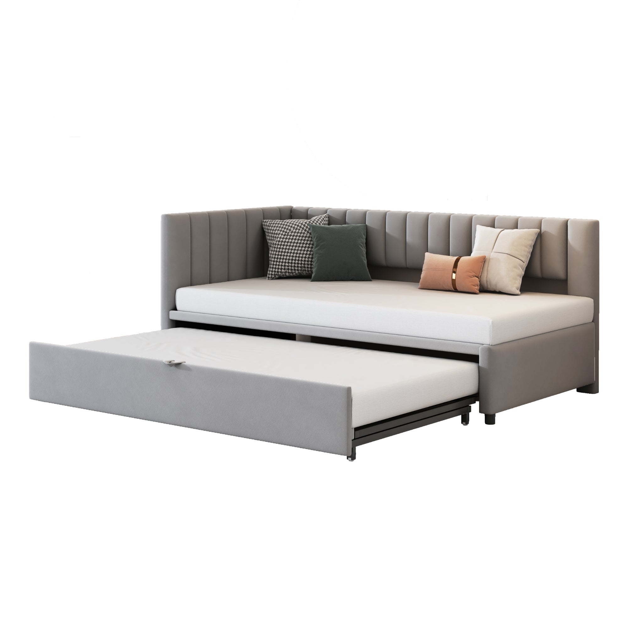 Canapé-lit multifonctionnel en L avec lit gigogne 90/180x200cm, tissu velours, design peu encombrant pour lit enfant, lit d'appoint - 4