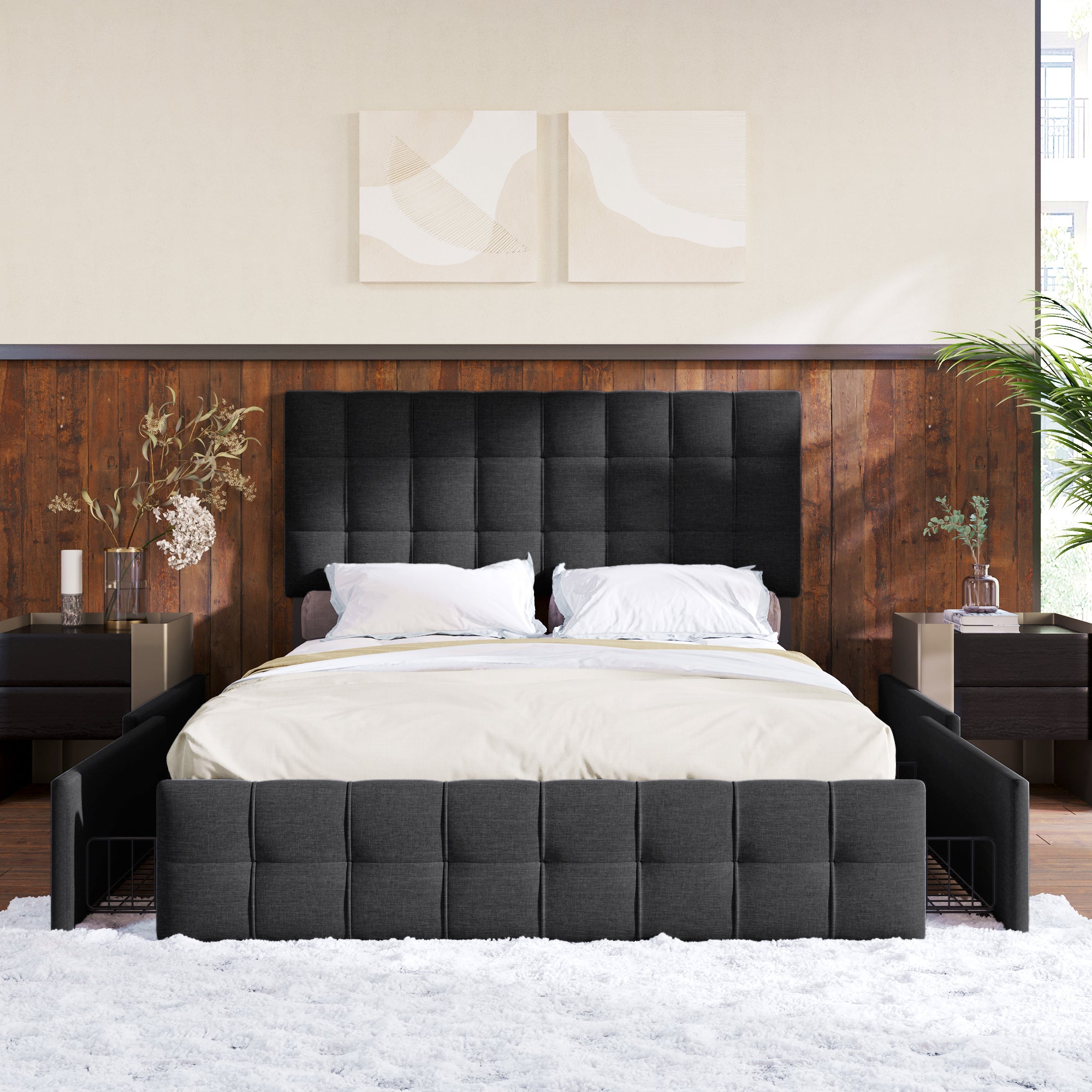 Łóżko dla dorosłych 140 × 200 cm, schowek pod łóżkiem, regulowany pod względem wysokości zagłówek, tkanina lniana, kolor czarny