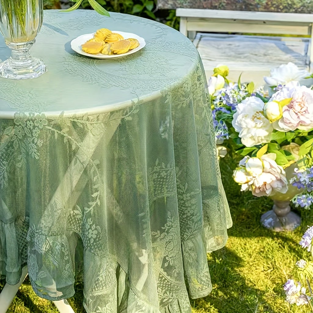 BEXTCOK Mantel francés vintage de una pieza,mantel redondo y rectangular,mantel de encaje exquisito,adecuado para mesas de comedor(verde,140*140cm) - 2