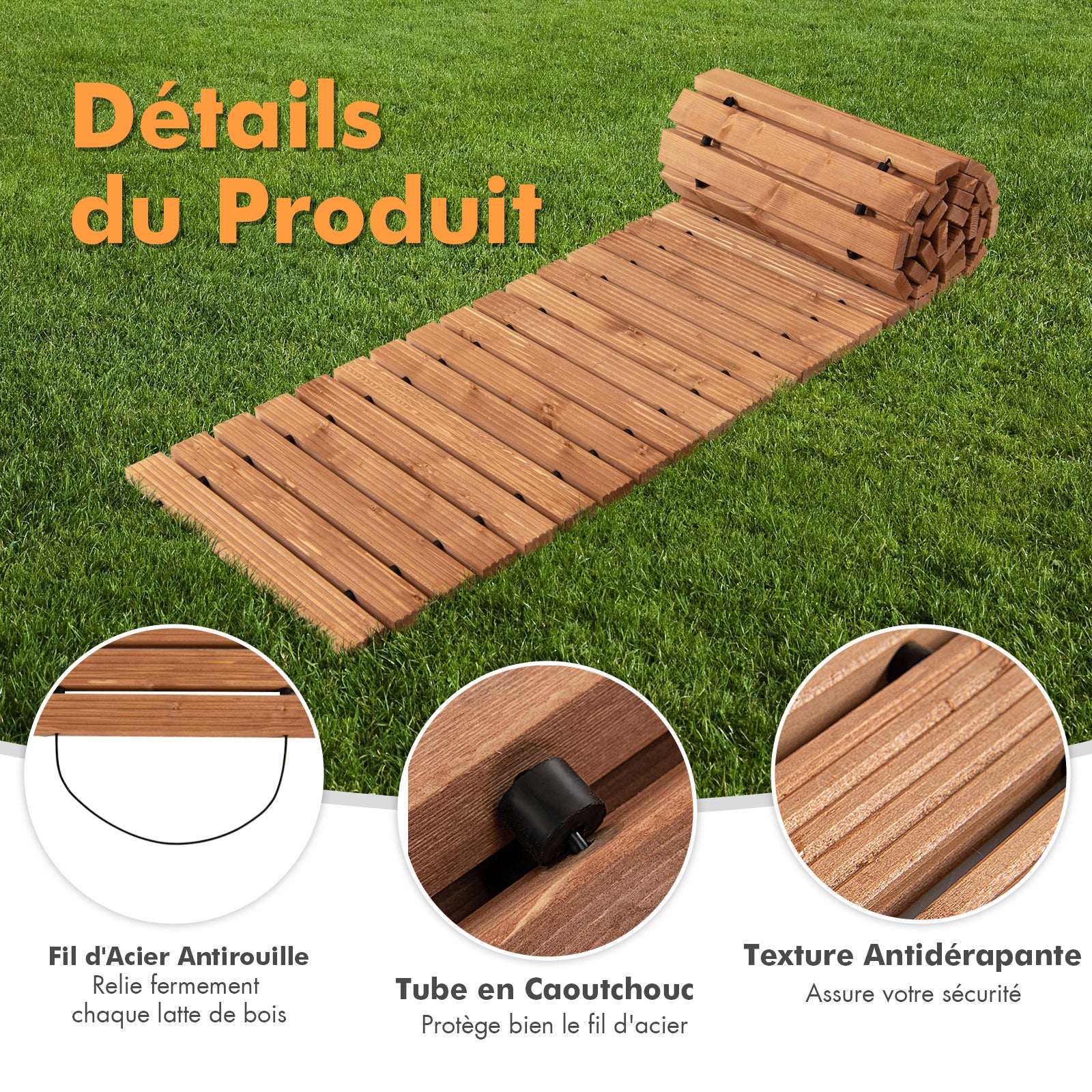 Bordure Droite à Dérouler en Bois de 245 cm, Allée de Jardin Extérieure Résistante aux Intempéries avec Fil d'Acier, 245 x 43 cm - 8