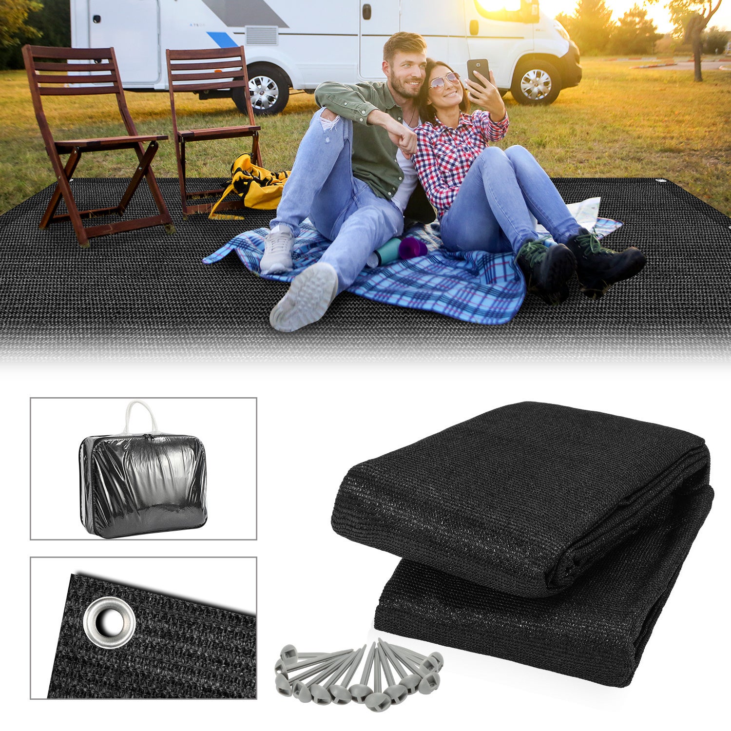 Dywanik campingowy 300x300 cm HDPE PEHD Czarny Ultra-trwały dla częstego użytku