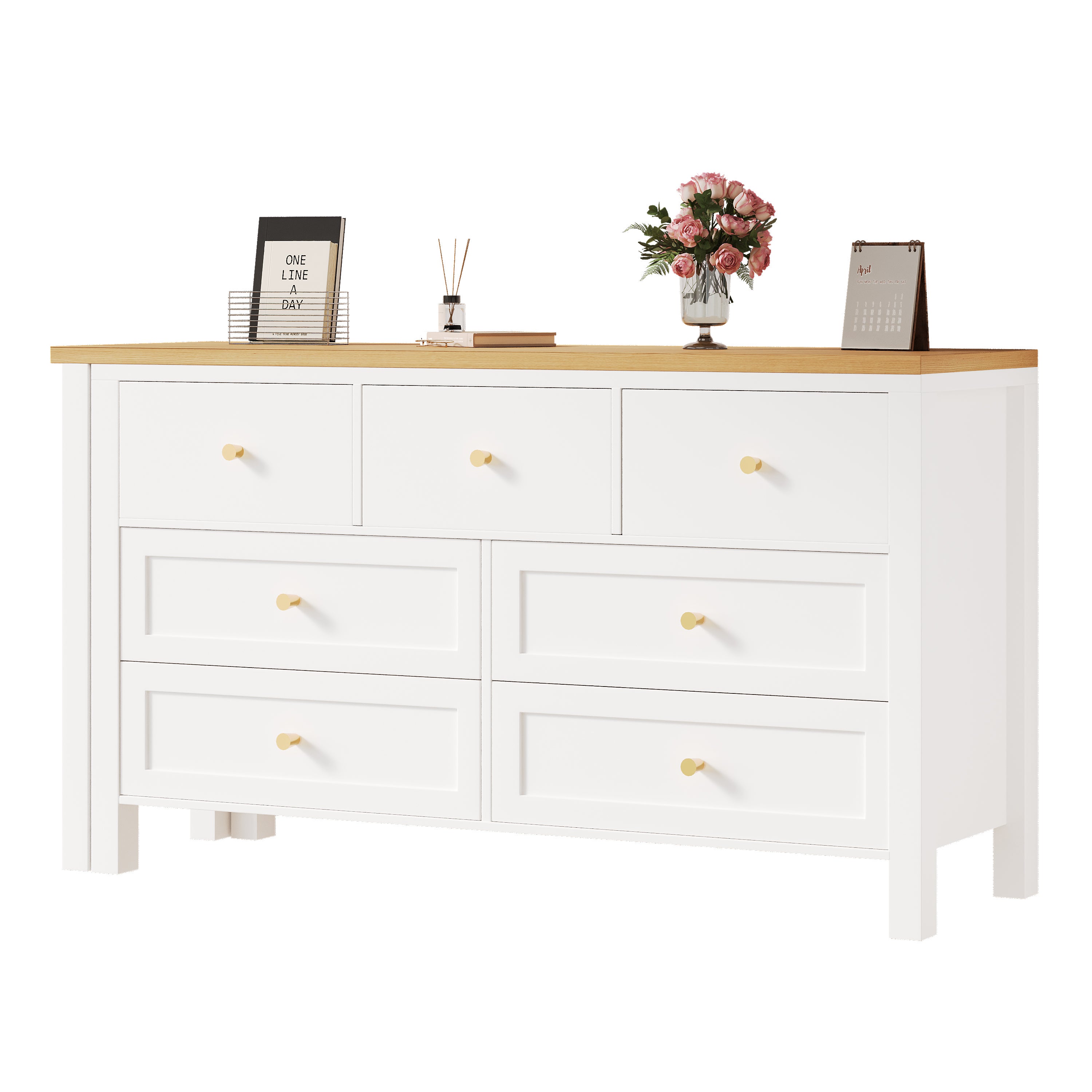Bureau d'angle avec 7 tiroirs et plateau pivotant, coiffeuse - 120 x 40 x 70 cm - Panneau de particules - Blanc et chêne - 5