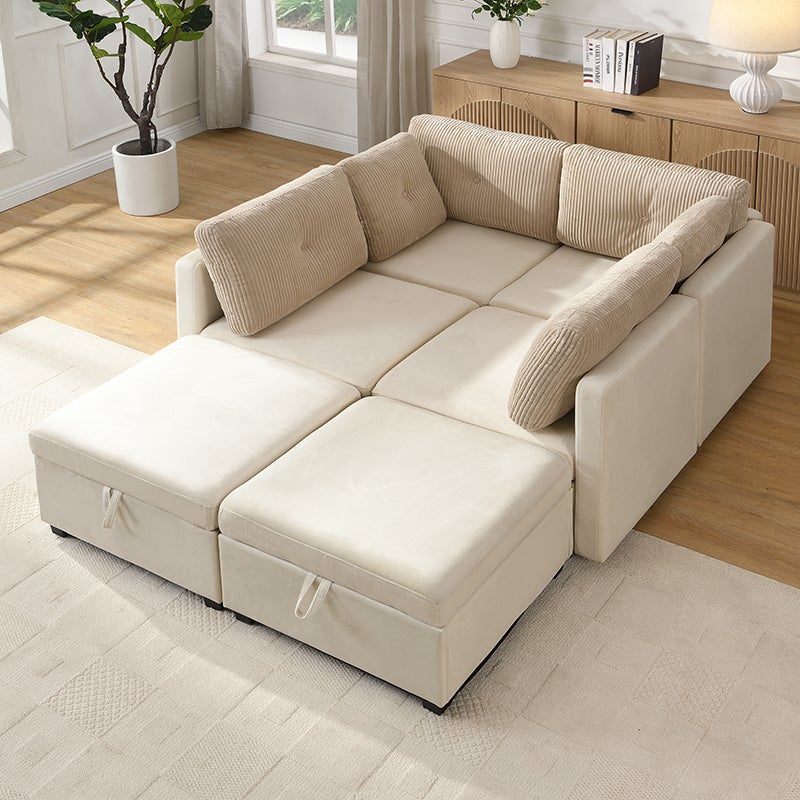 Canapé 6 places en forme de U - avec rangement - convertible multifonctionnel - velours + velours côtelé - beige - 6