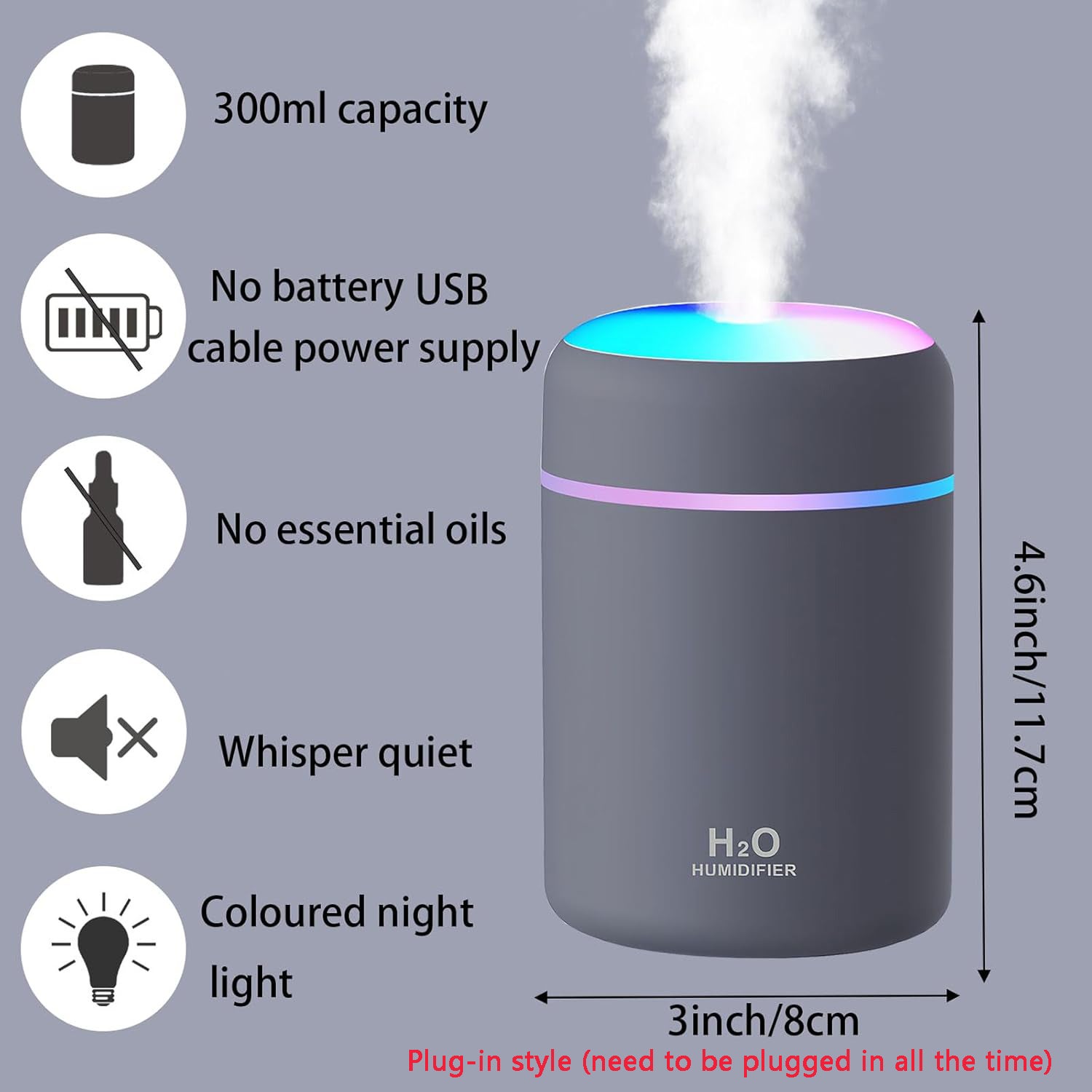 Mini umidificador, umidificador recarregável de 300 ml com luz noturna LED colorida, 2 modos de névoa, <30dB, para carro, escritório, casa (cinza) - 3