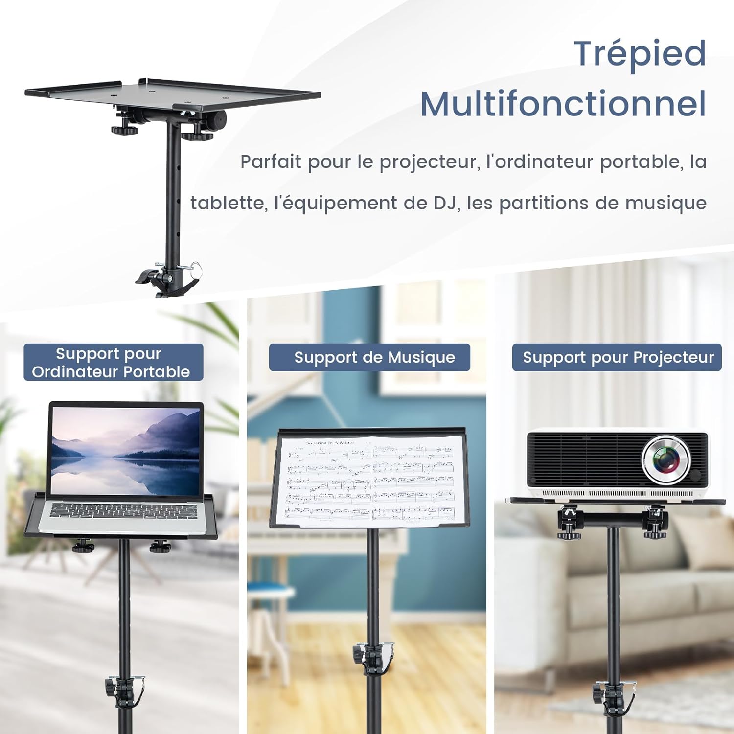 Supporto per proiettore in metallo, treppiede per proiettore, supporto per proiettore a piedistallo, altezza regolabile da 60 a 120 cm, rotazione angolare a 360°, base antiscivolo, per home cinema