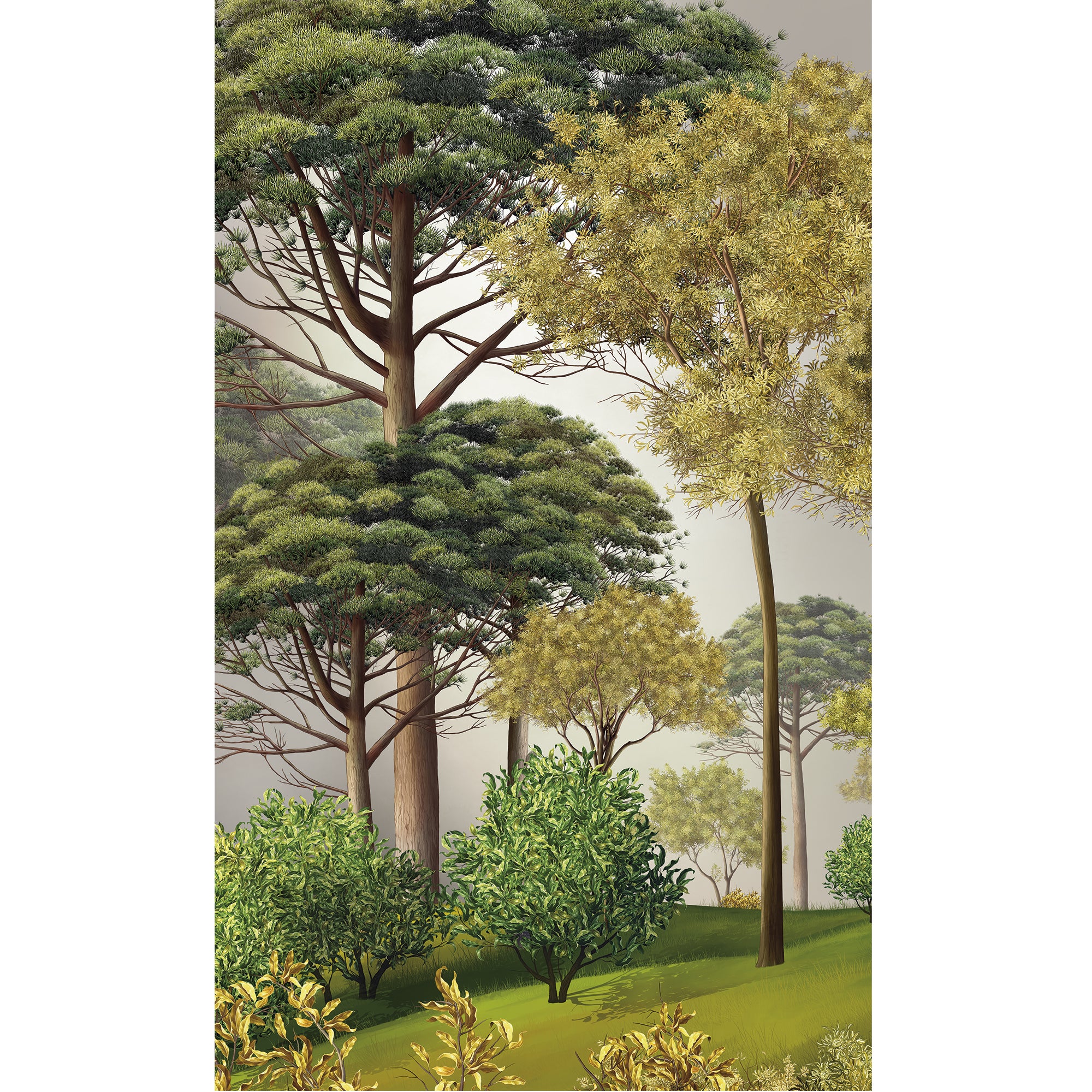 Papier peint panoramique intissé, illustration de la forêt dans le style toile en peinture, avec de grands arbres verts, 250 cm X 150 cm - 2