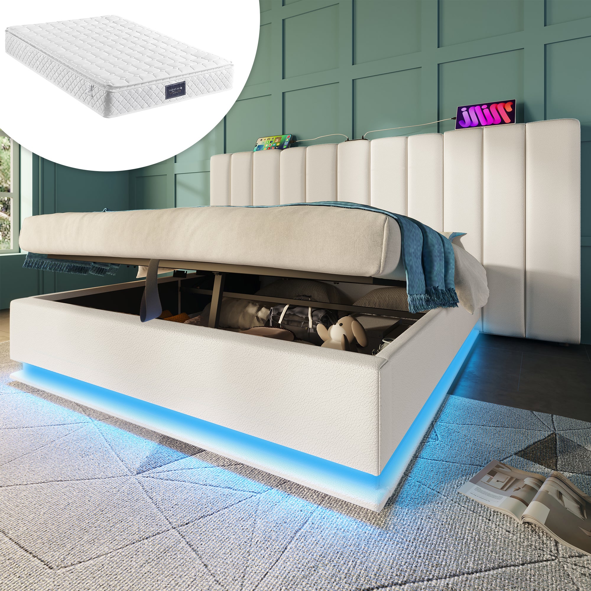 Lit 160x200 z poduszką - Materac 7 stref 720 sprężyn - Kontrola aplikacją LED - USB-C + 3 USB - Przechowywanie hydrauliczne - PU Biały