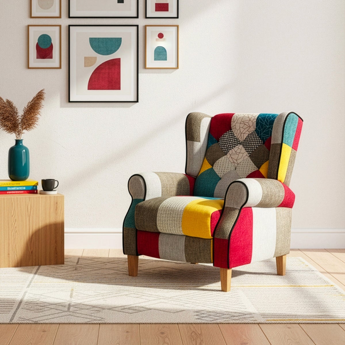 Fauteuil en tissu chiné patchwork multicolore avec pieds à bascule ELMINA